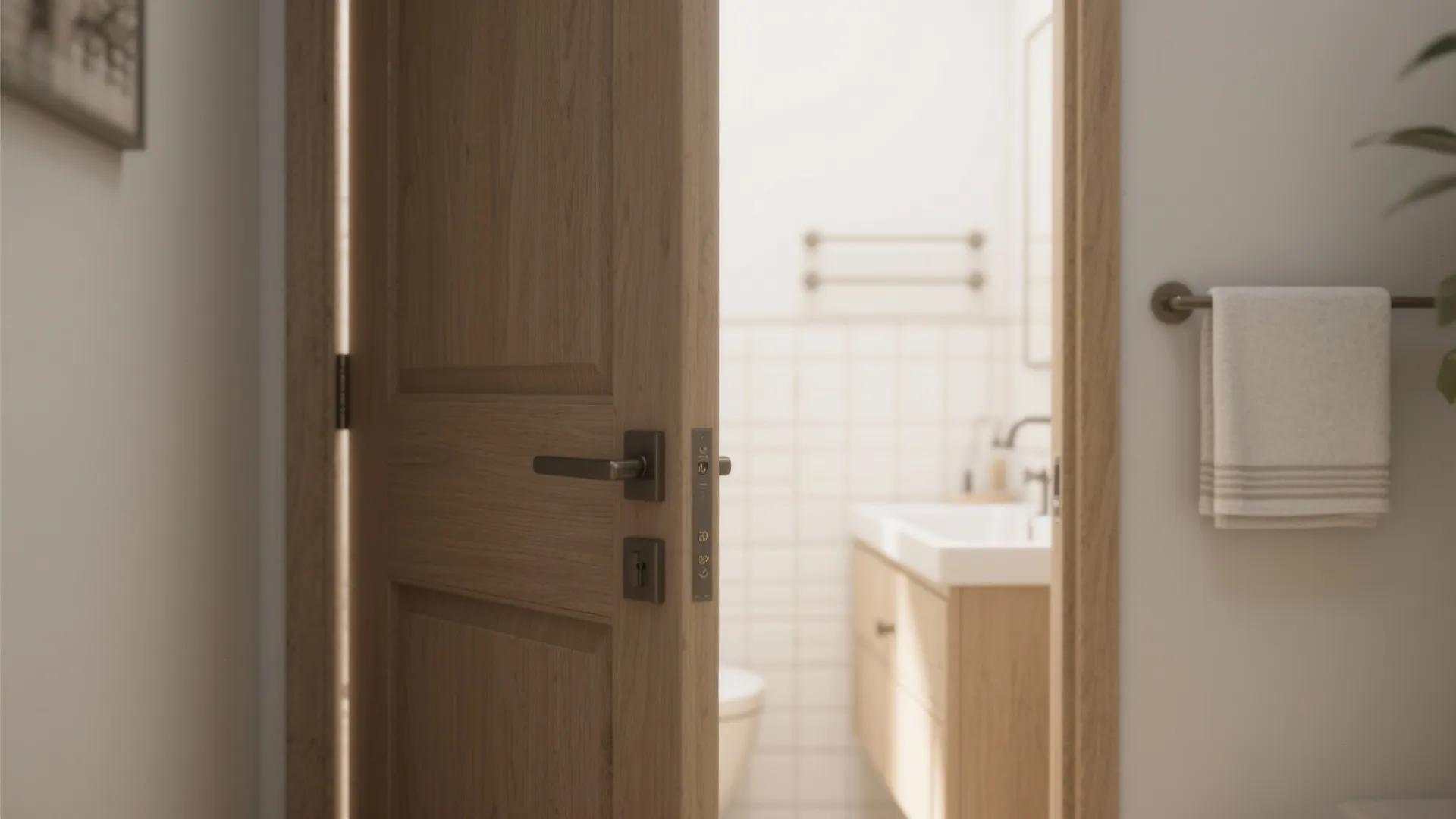 30-inch hinged bathroom door in a compact layout next to a small sink and towel rack.