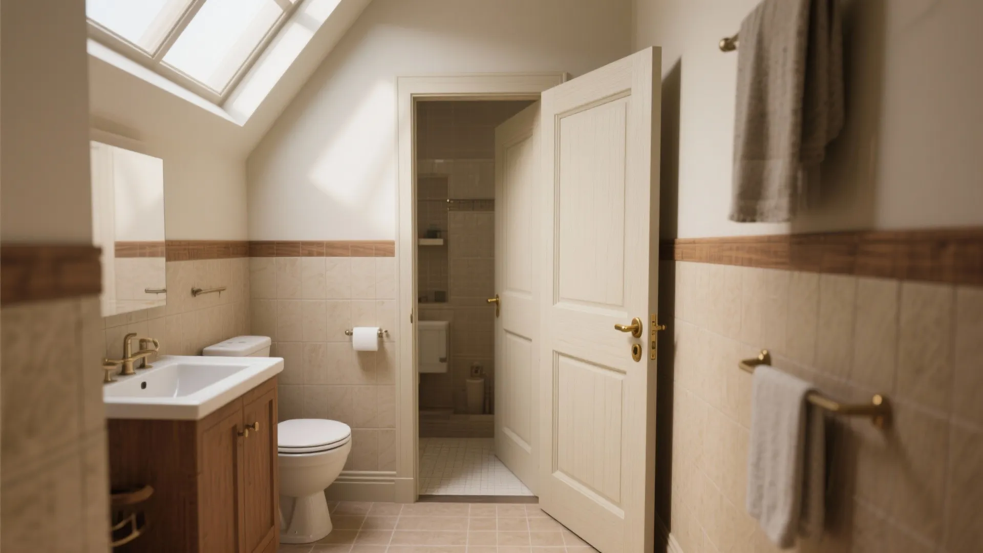 Small bathroom with a standard hinged door opening inward showing clearance to toilet and vanity