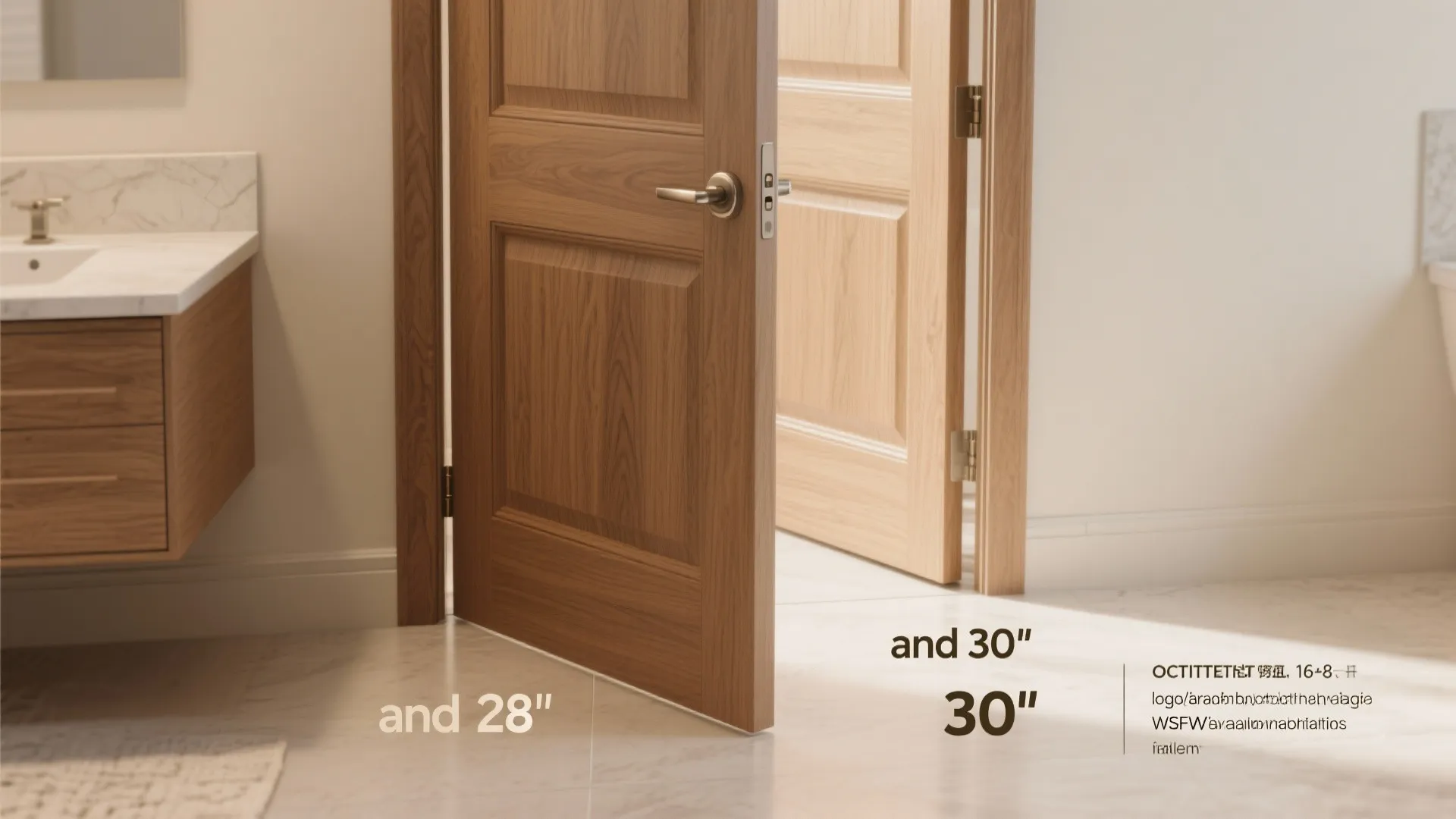Open wooden bathroom door showing interior layout with sink cabinet and width measurement text labels clearly