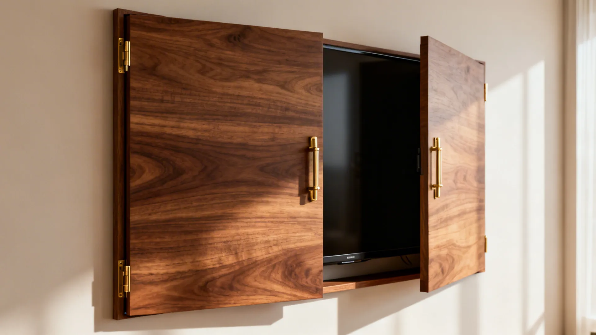 Wall mounted television partially hidden behind two dark wood cabinet doors in a bright room