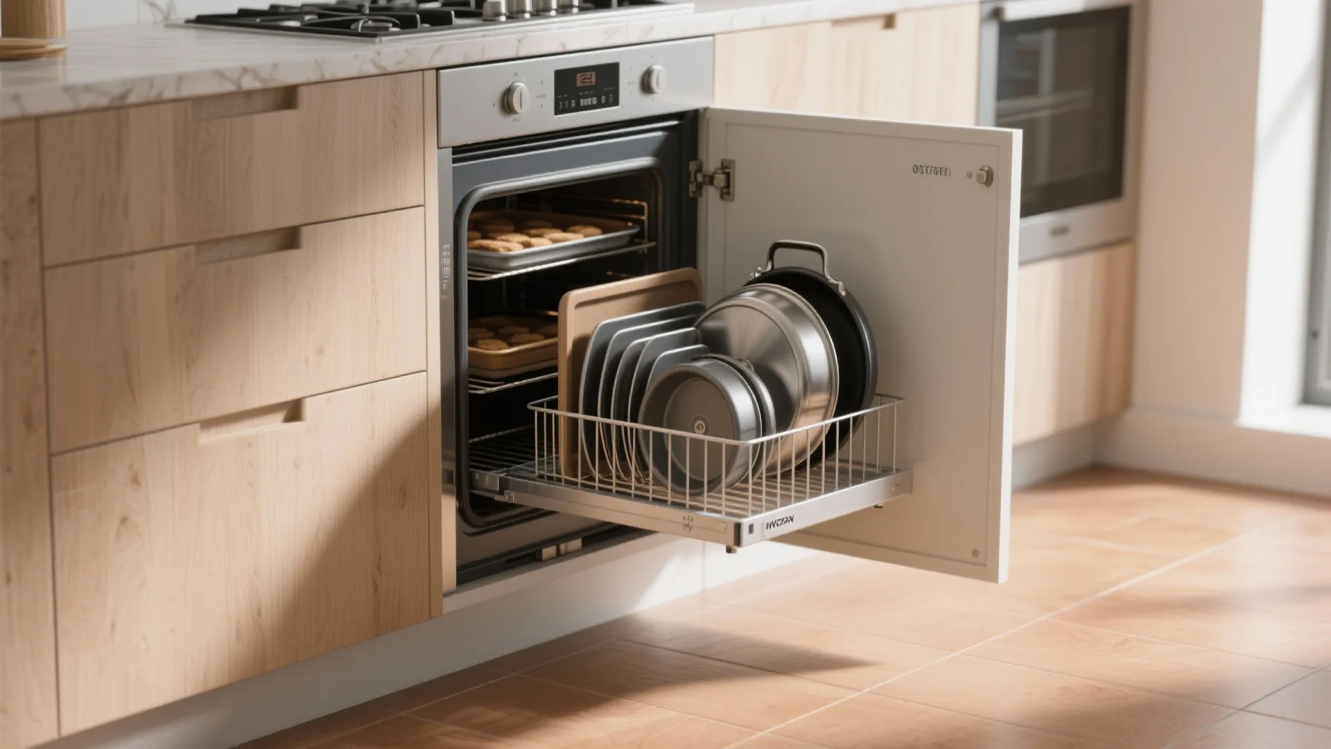 2. Hinged tray organizer for baking sheets and lids
