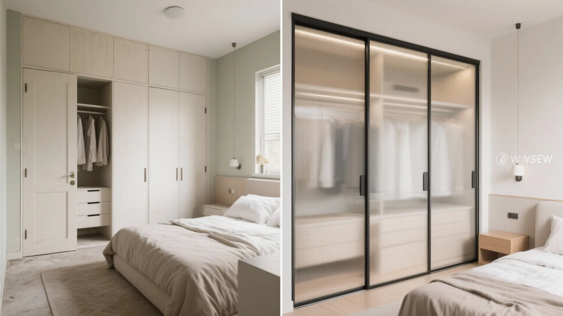 Side by side comparison of bedroom wardrobe with hinged doors versus modern sliding glass doors