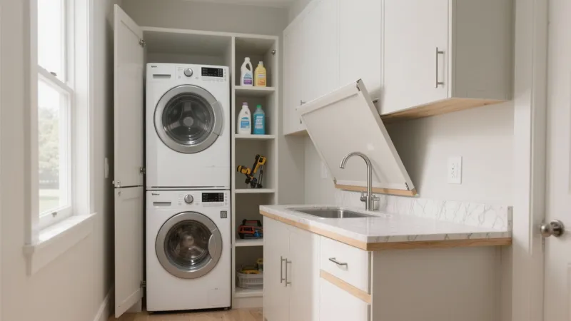 Compact Laundry Room with Stackable Washers and Marble Countertop