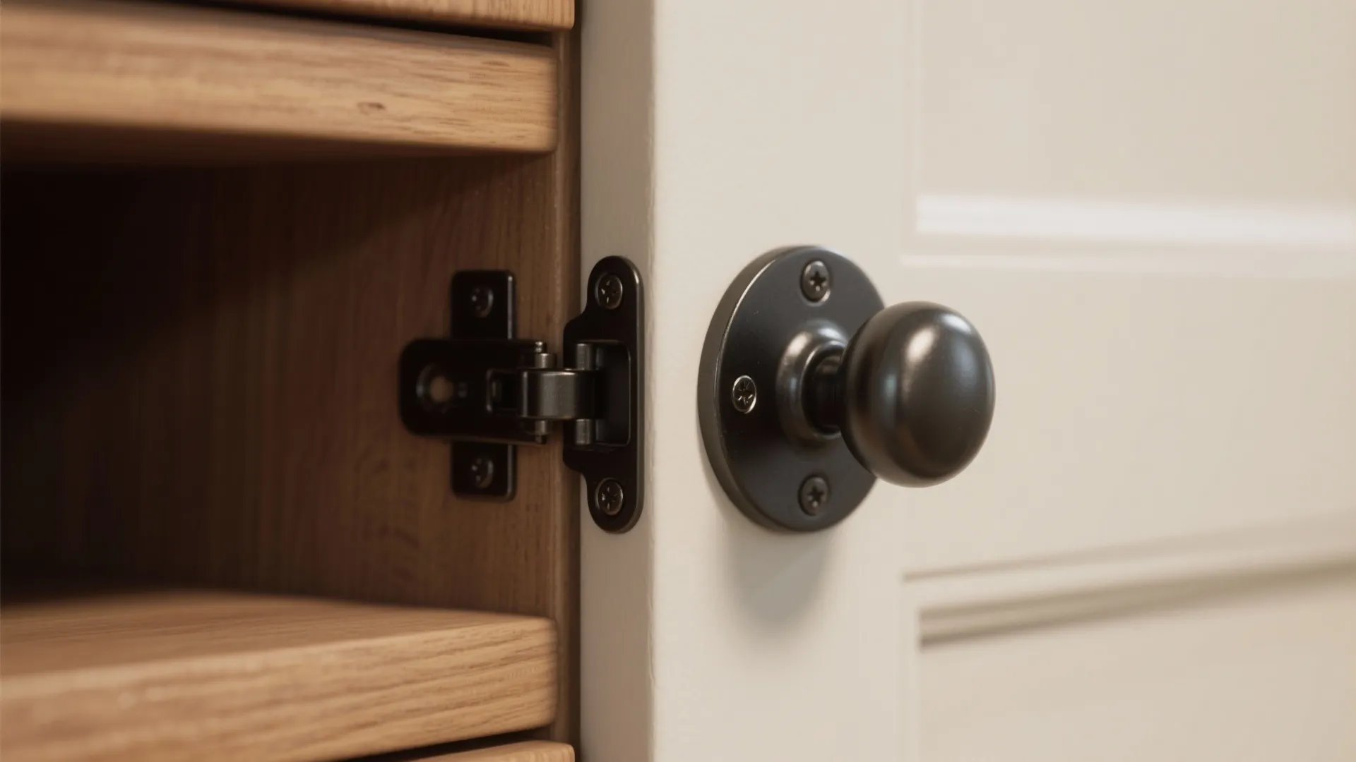 Close up of a white cabinet door with black round knob and metal door hinge