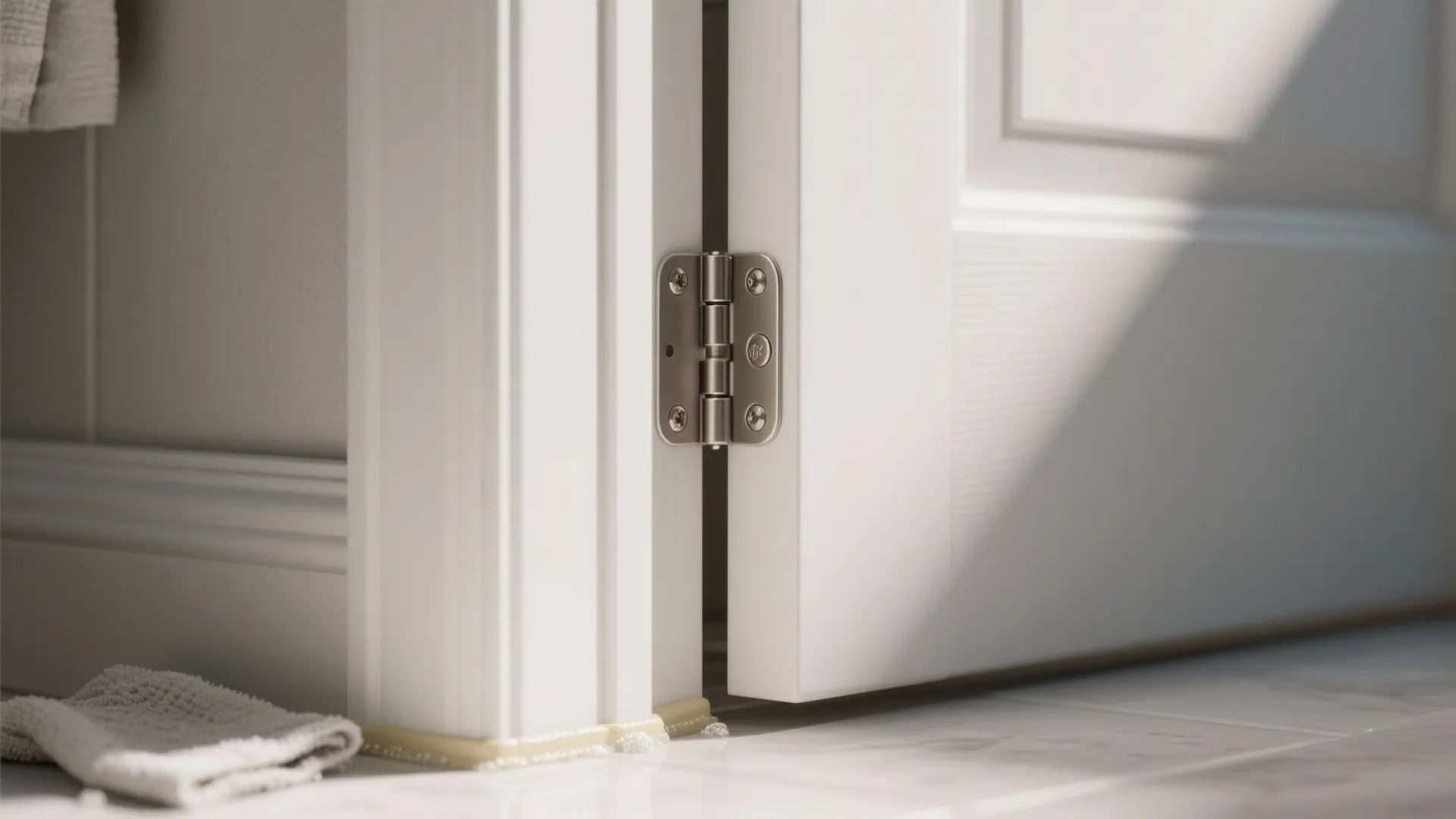 Silver door hinge on white door frame with sealed joint and marble floor in bathroom