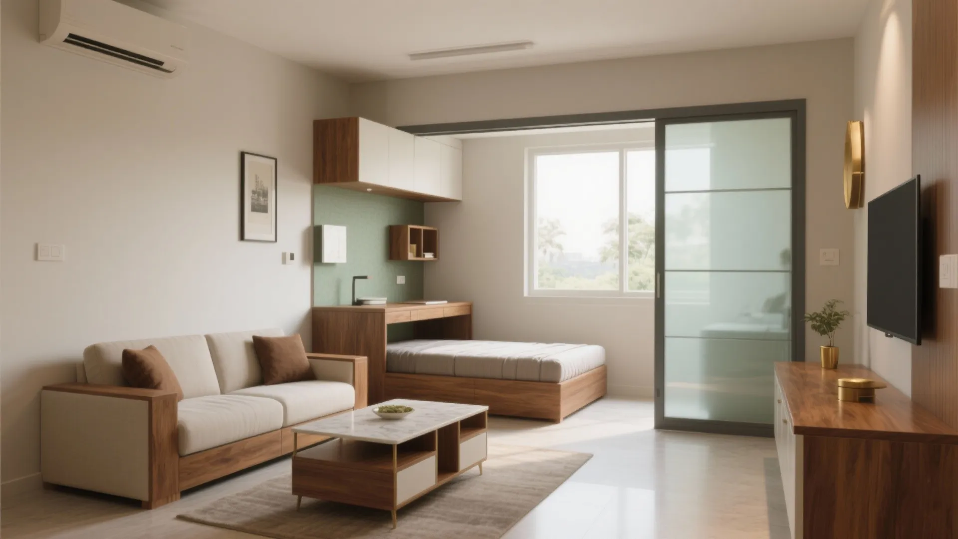 Modern studio room layout with sofa coffee table wooden bed desk and glass sliding door