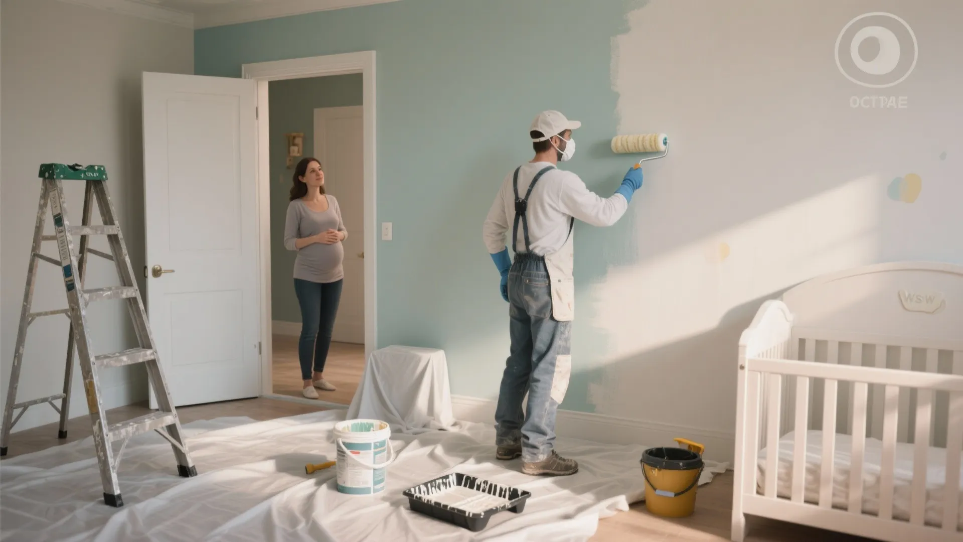 Professional painter using a roller to paint a nursery wall while a woman watches nearby