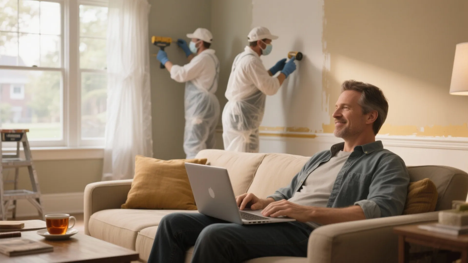 Smiling man using laptop on sofa while professional workers in white suits paint the wall