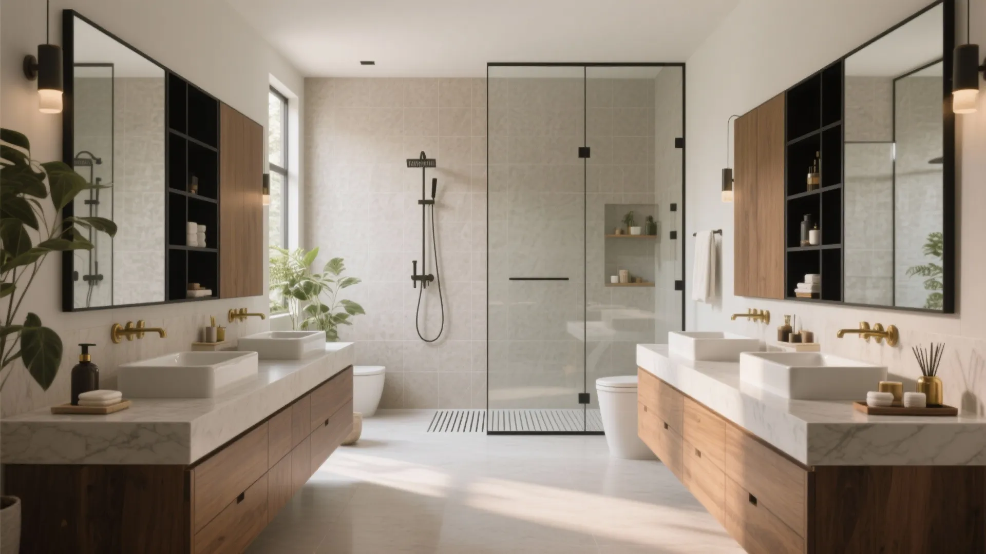 Large master bathroom with two wooden sink cabinets glass shower door mirrors and white tiled walls