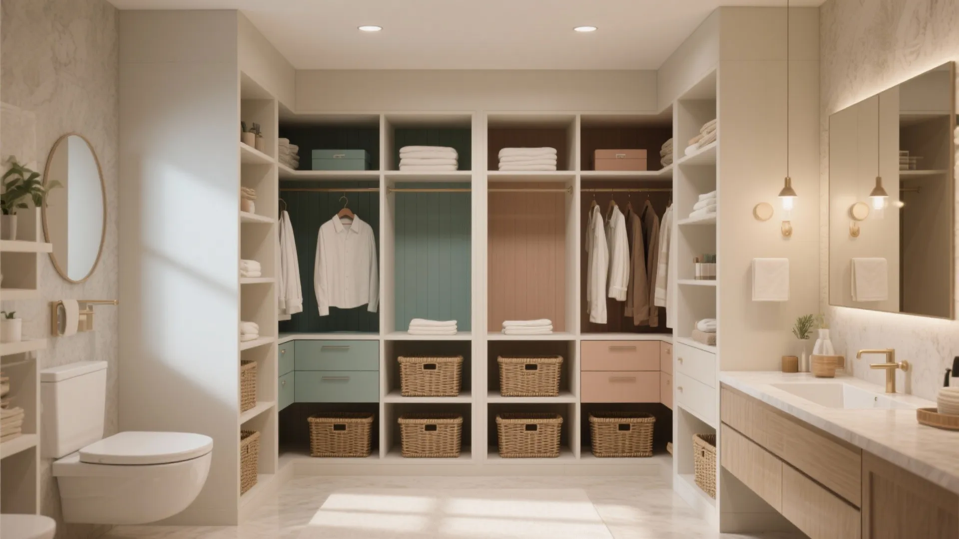 Modern bathroom walk in closet with white shelves colorful drawers woven baskets and organized clothes