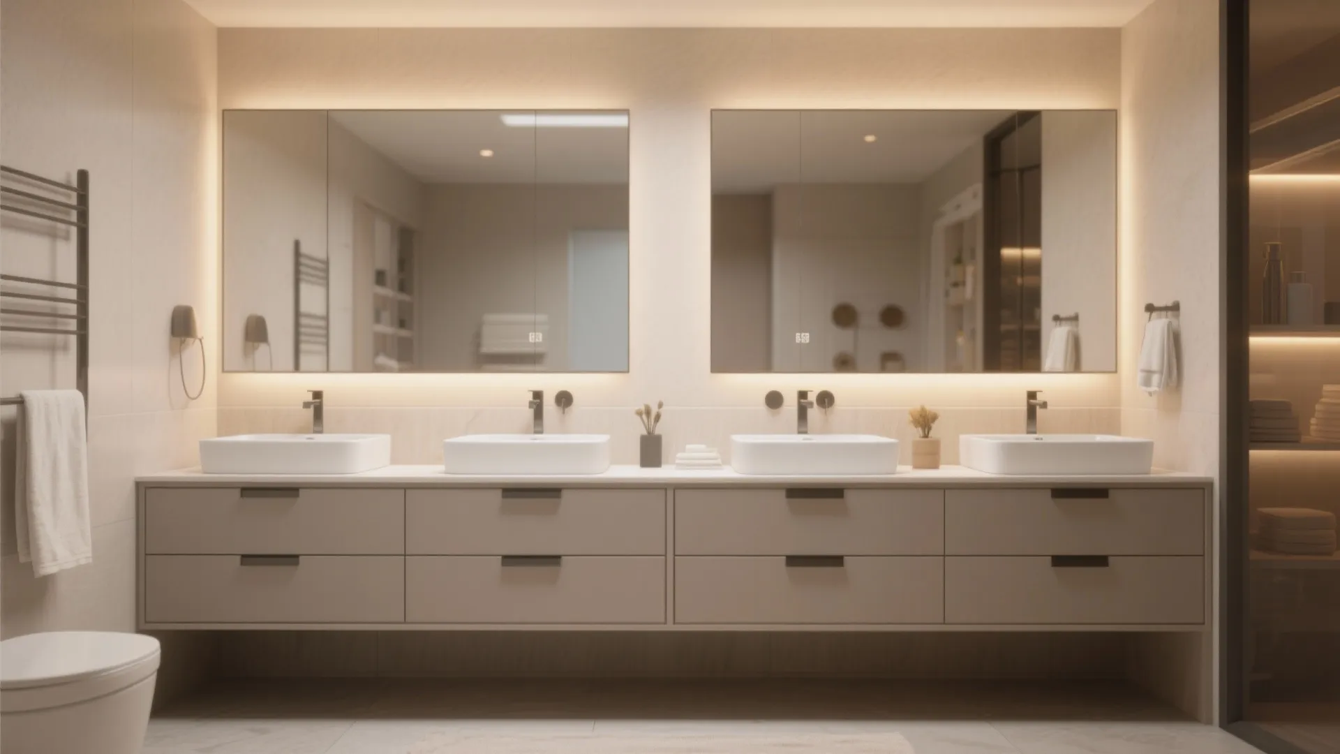 Large bathroom cabinet with four sinks and wide mirrors featuring soft glowing light for families