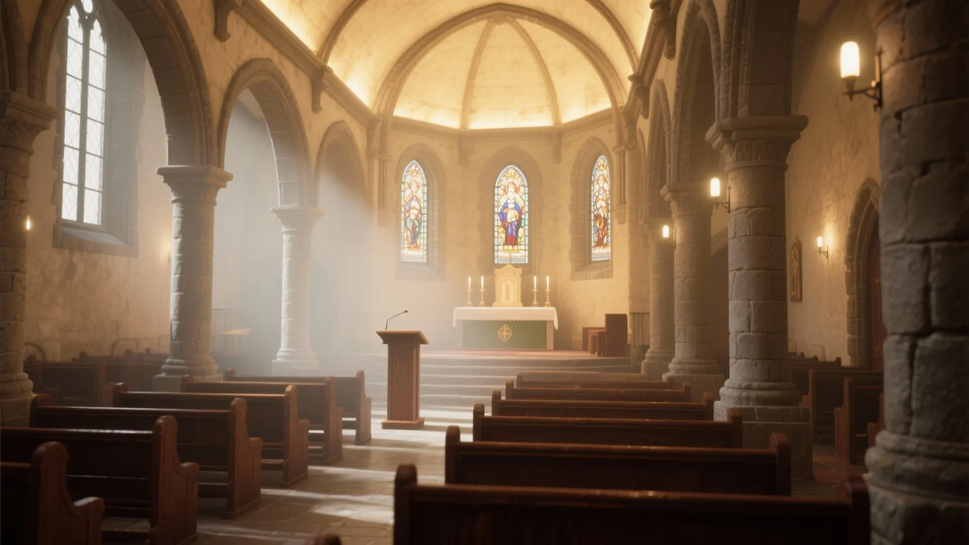 Large stone church interior with wooden pews natural sunlight and colorful glass on the windows