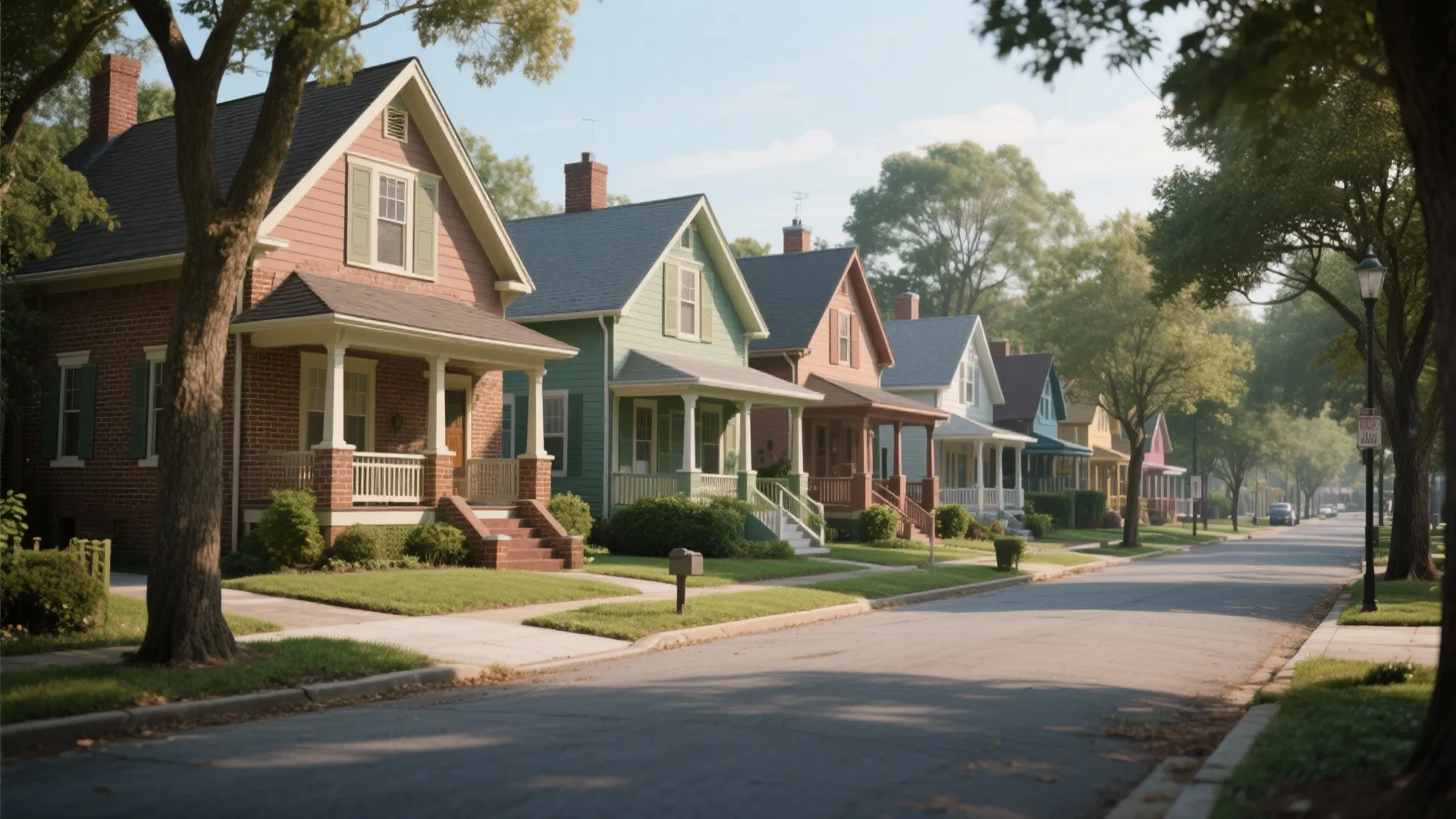 Quiet suburban street lined with colorful small houses featuring front porches and green leafy trees