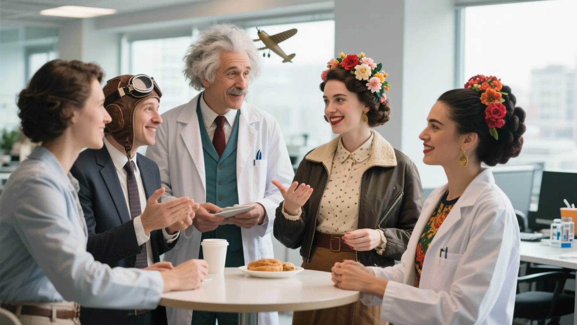 Group of people in historical costumes having a meeting around a table in bright office