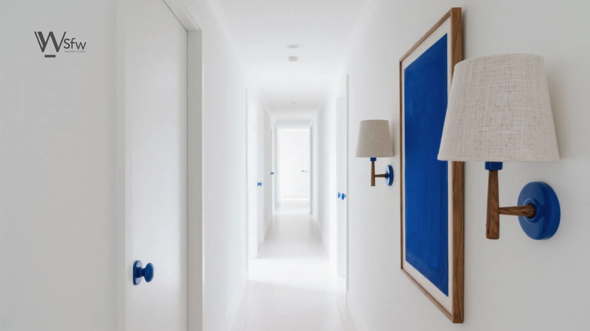 Minimalist white hallway with blue door handles wall lights and a blue painting on wall