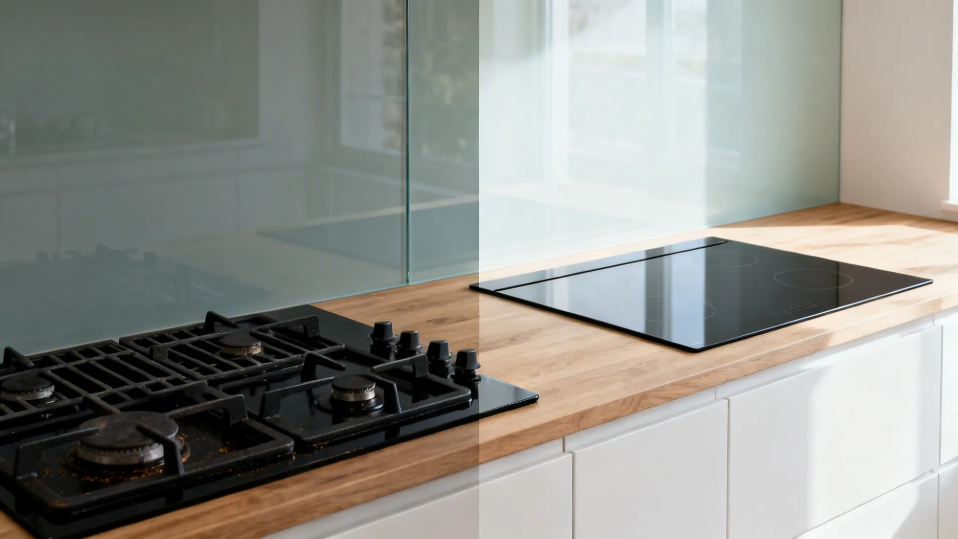 Before-and-after of a gas range replaced by a flush 2-zone induction hob on a small counter.