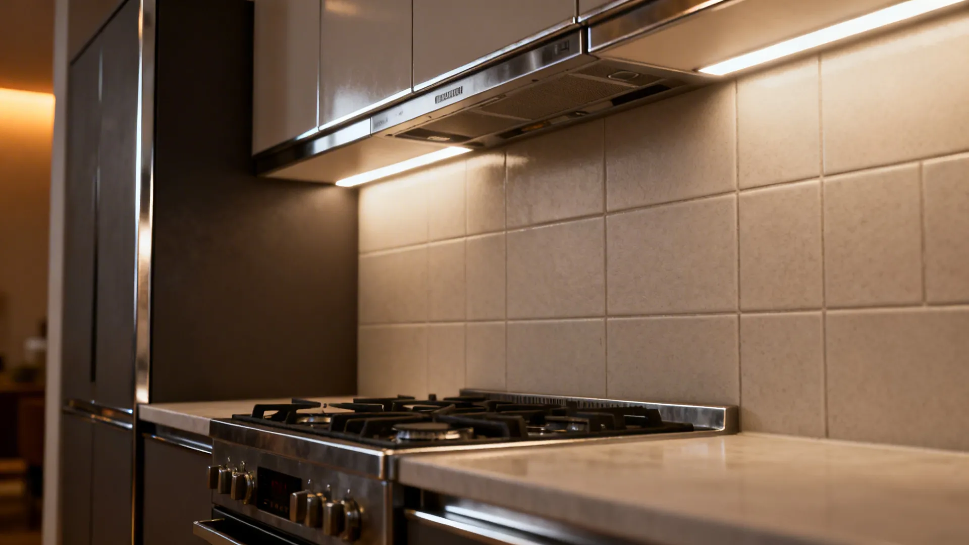 Macro showing safe hob-to-hood clearance with LED task lighting and porcelain backsplash