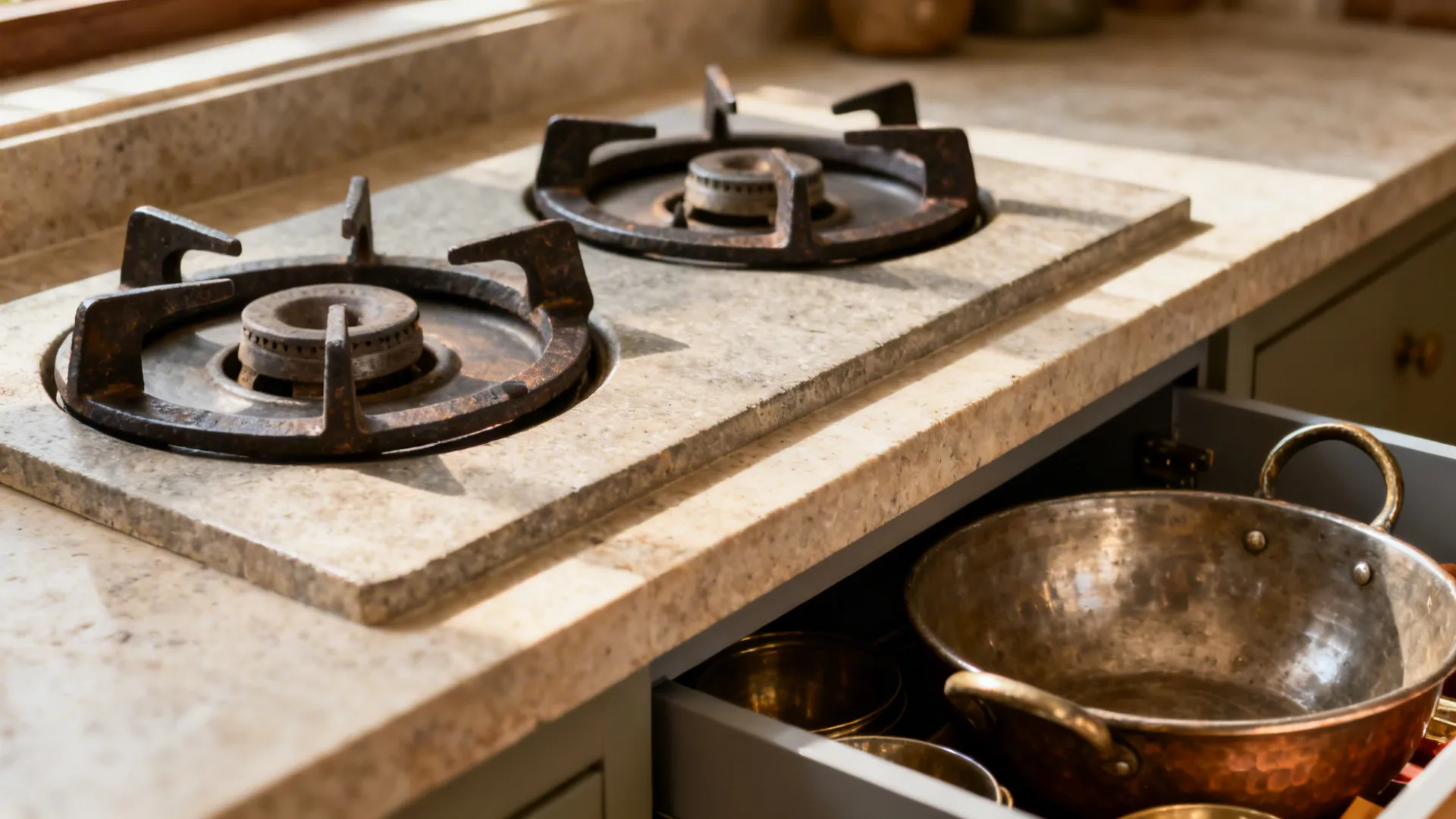 Macro of a compact two-burner hob on a stone counter with a corner drawer for heavy cookware.