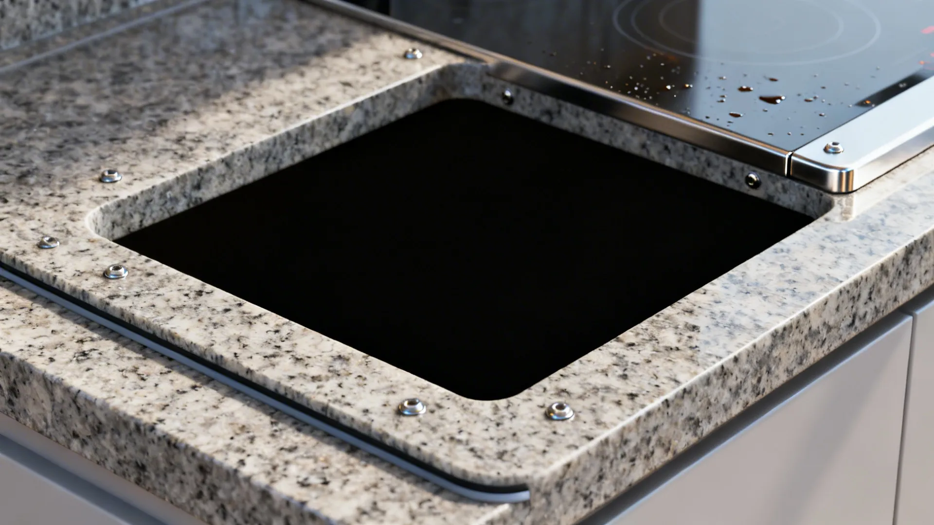 Macro of granite hob cutout with gasket, stainless upstand, and silicone-fixed details.