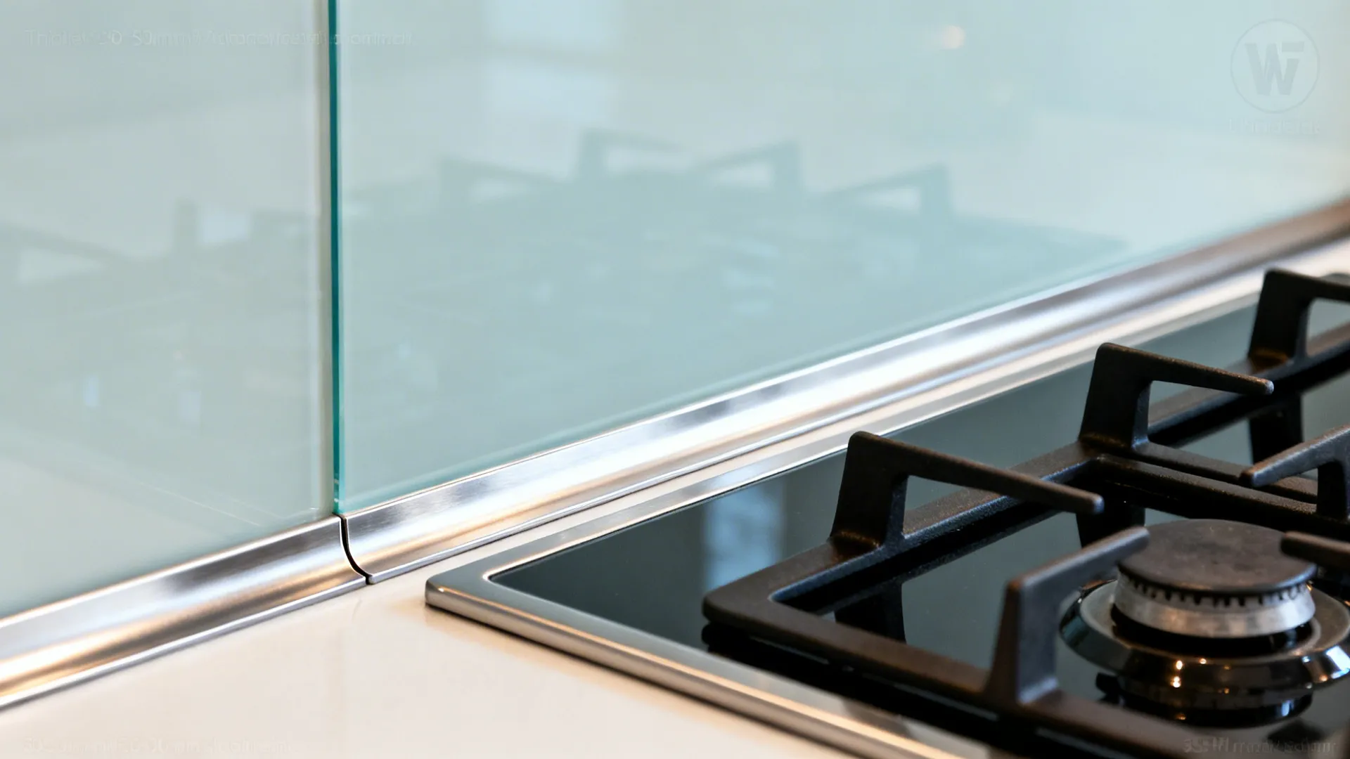 Macro of tempered back painted glass behind a hob with stainless trim and silicone seal.