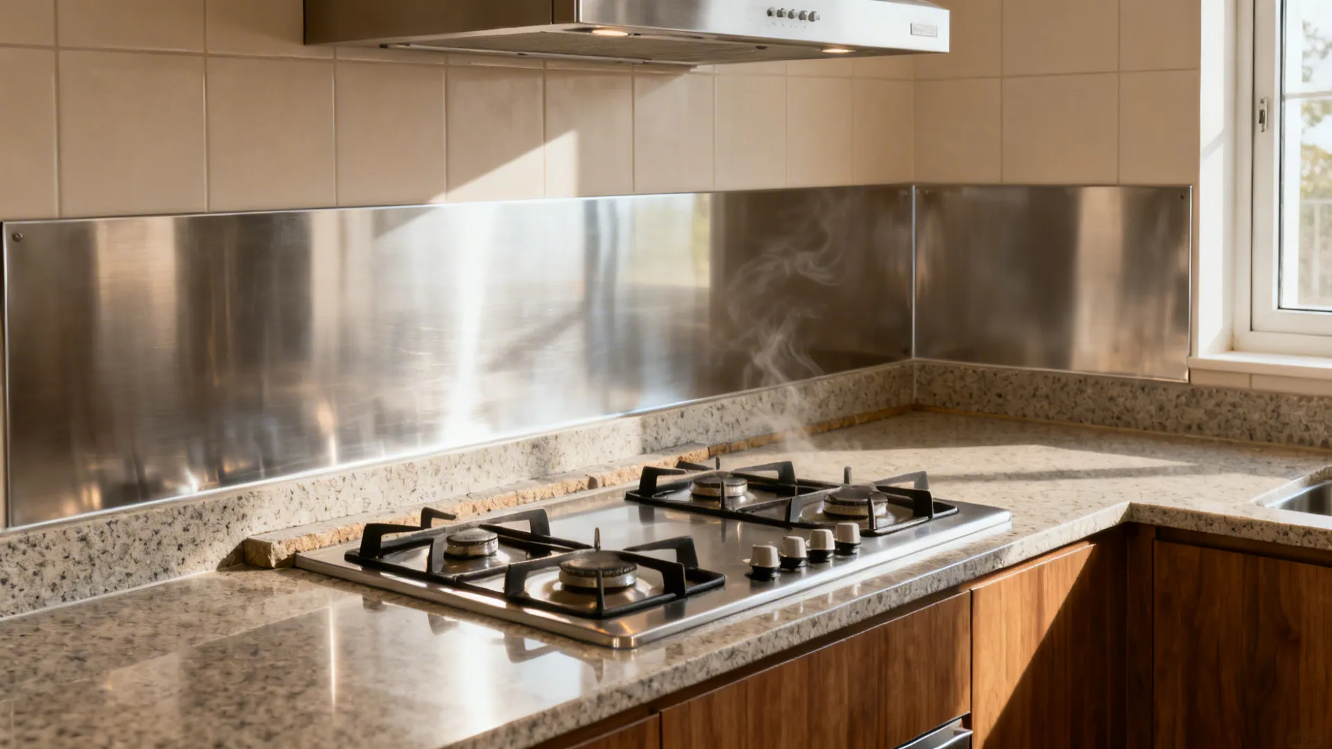 Hob area with stainless upstand, stone speed breaker, side clearances, and hood at correct height.