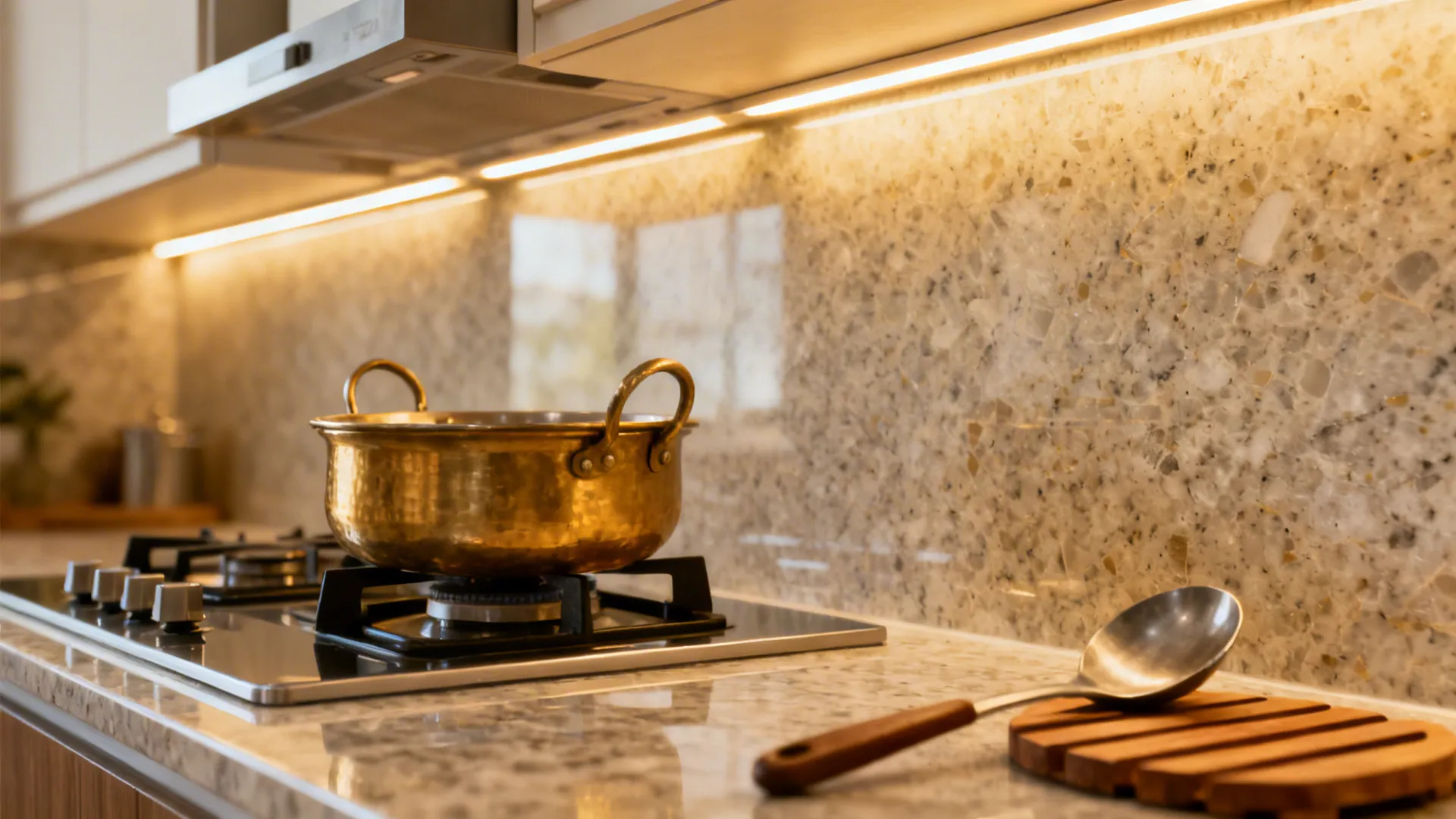 Macro of hob with generous landing space, trivet, and LED-lit quartz counter.