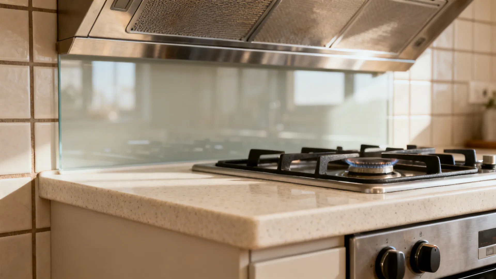 Macro of gas hob with tempered glass backsplash and quartz counter in soft daylight