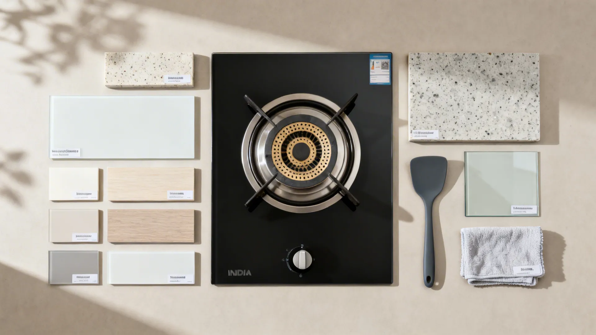 Flat lay of black gas stove with stone samples, wood pieces, tiles, spatula, and towel