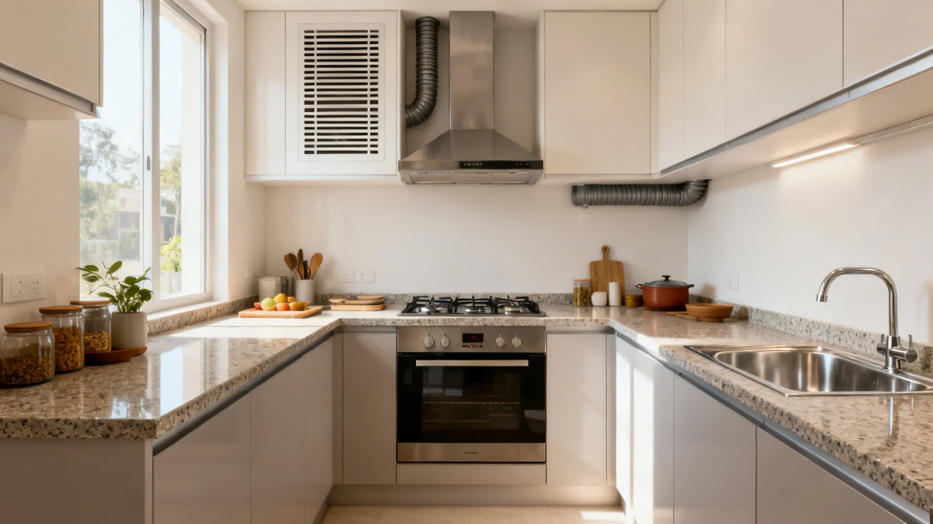 L-shaped kitchen with hob and chimney on the long leg and sink on the return, clear counter between.