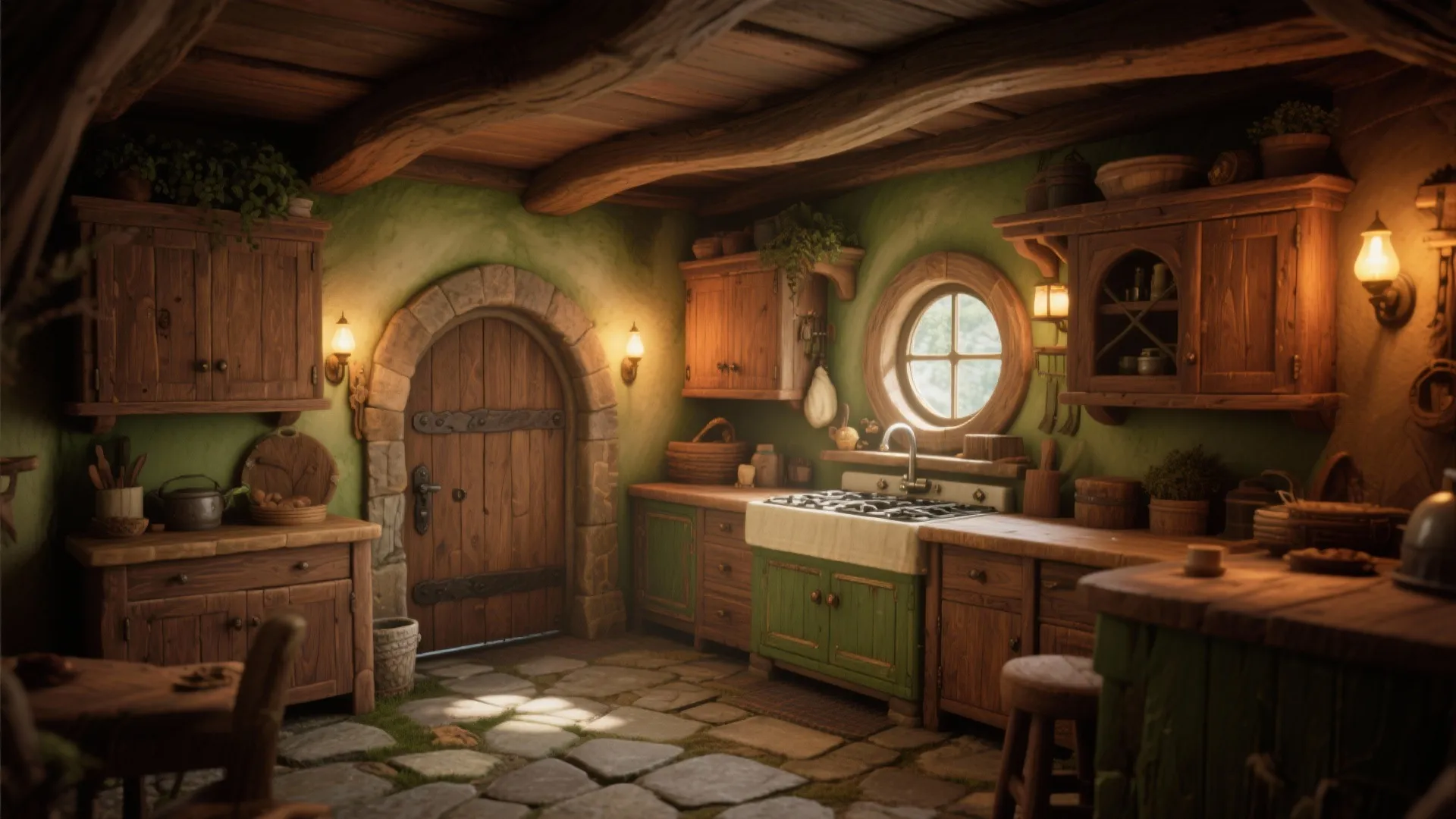 Rustic country kitchen with green walls wooden cabinets stone floor round window and arched wooden door