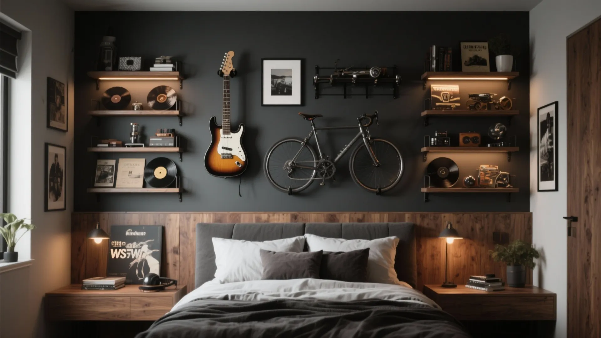 Curated hobby display wall in a masculine bedroom with guitars, records and uniform shelving