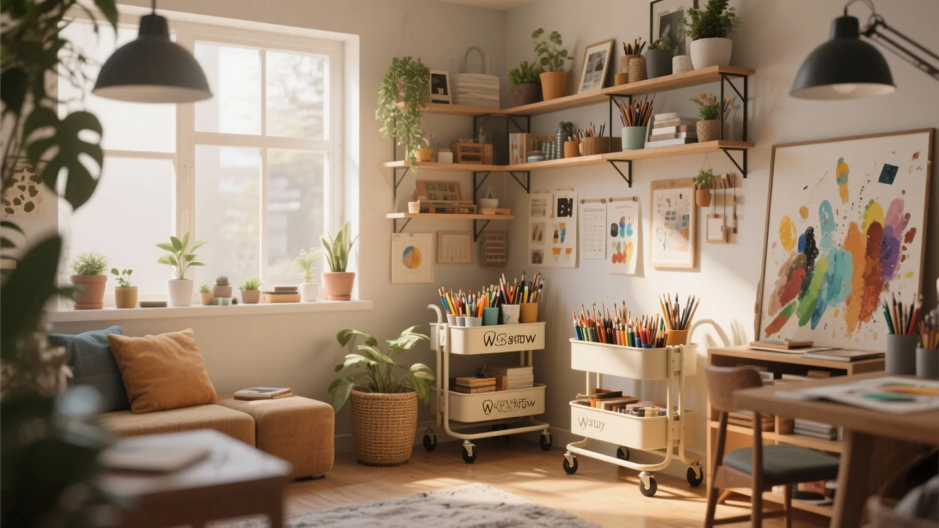 Creative hobby room with art supplies on rolling carts wall shelves plants and natural sunlight