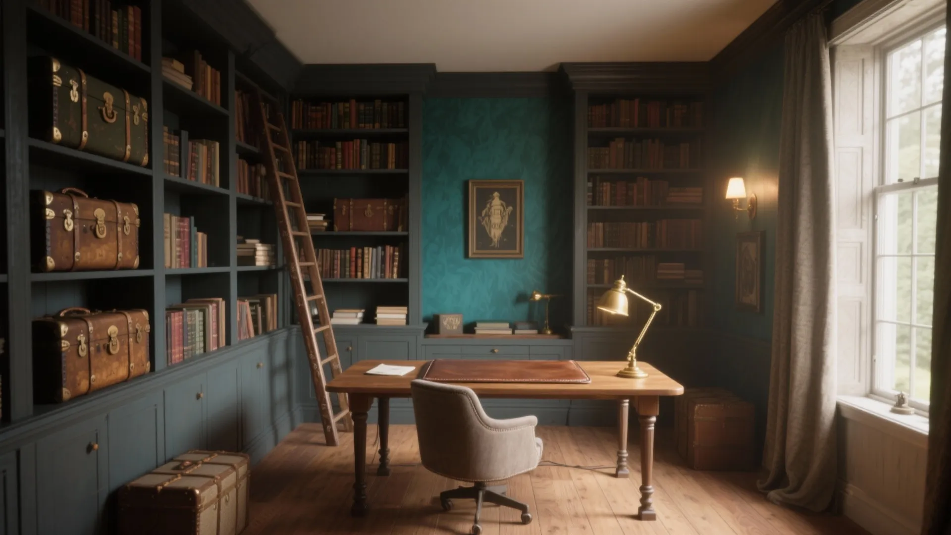 Classic home office with dark bookshelves wooden ladder desk chair table lamp and vintage suitcases