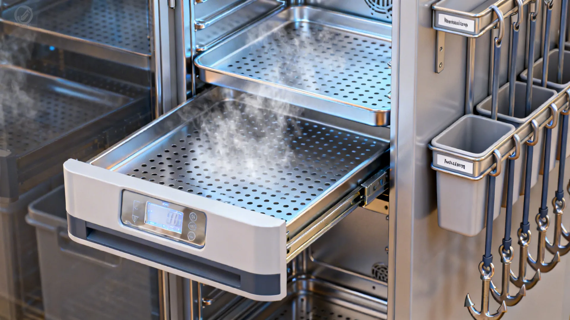 Close-up of a humidity holding drawer and robust vertical rail with labeled bins.