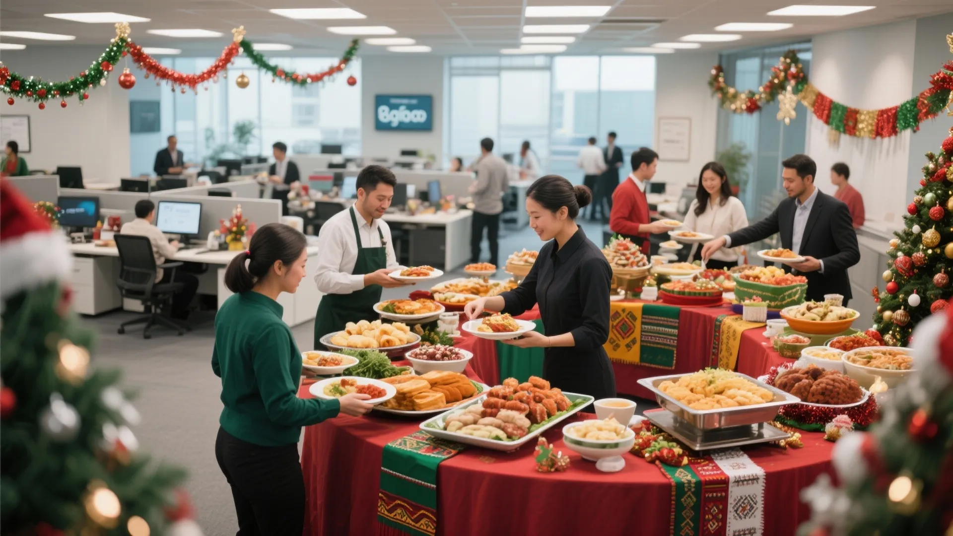 Office holiday buffet with people choosing food from tables decorated with red cloths and garlands