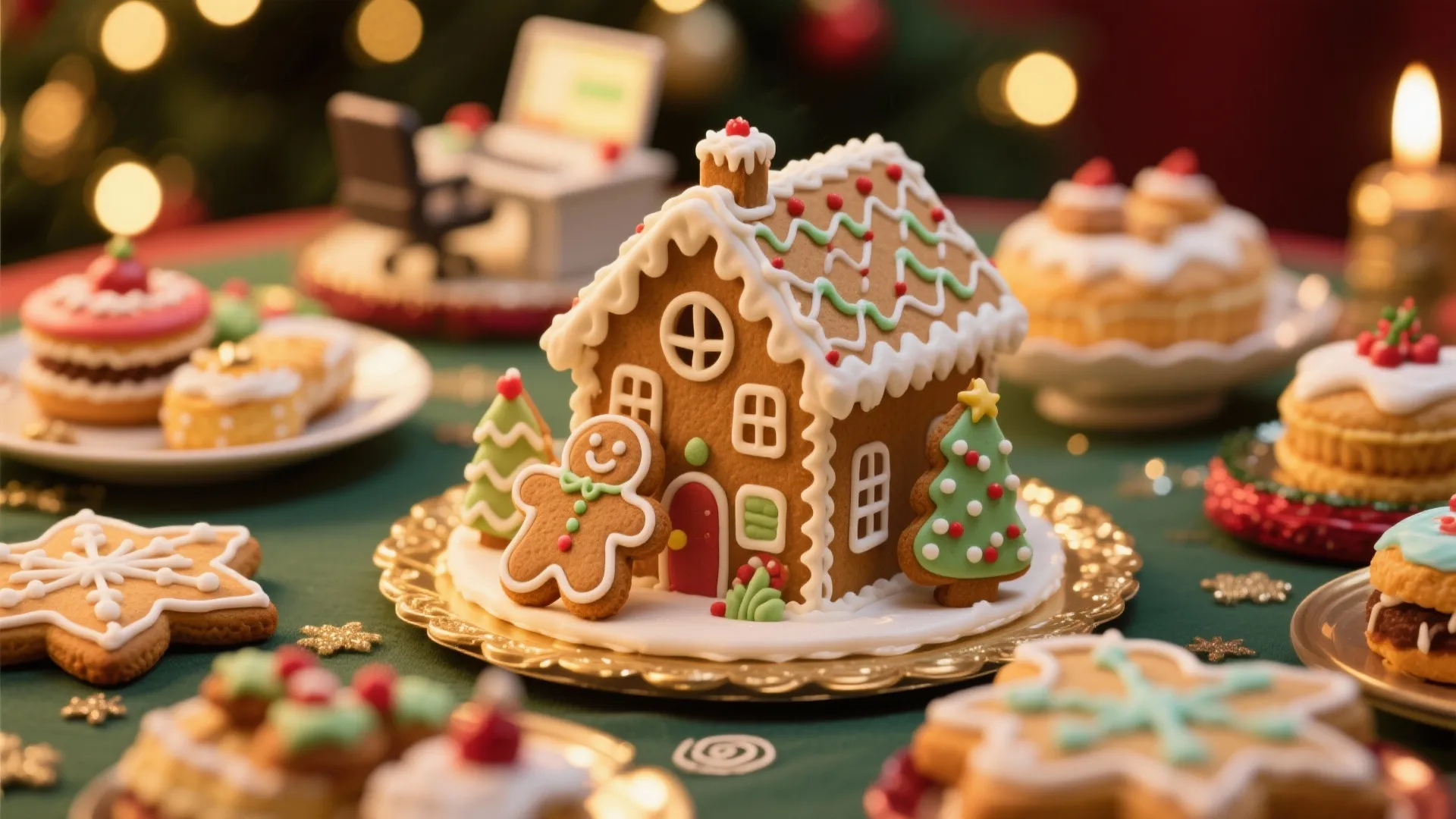Gingerbread house with man and trees on a table with cookies and a computer background