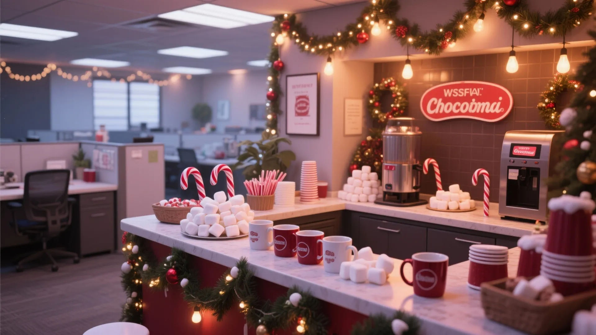 Office break room counter with marshmallows, candy canes, red mugs, coffee machine, and festive greenery