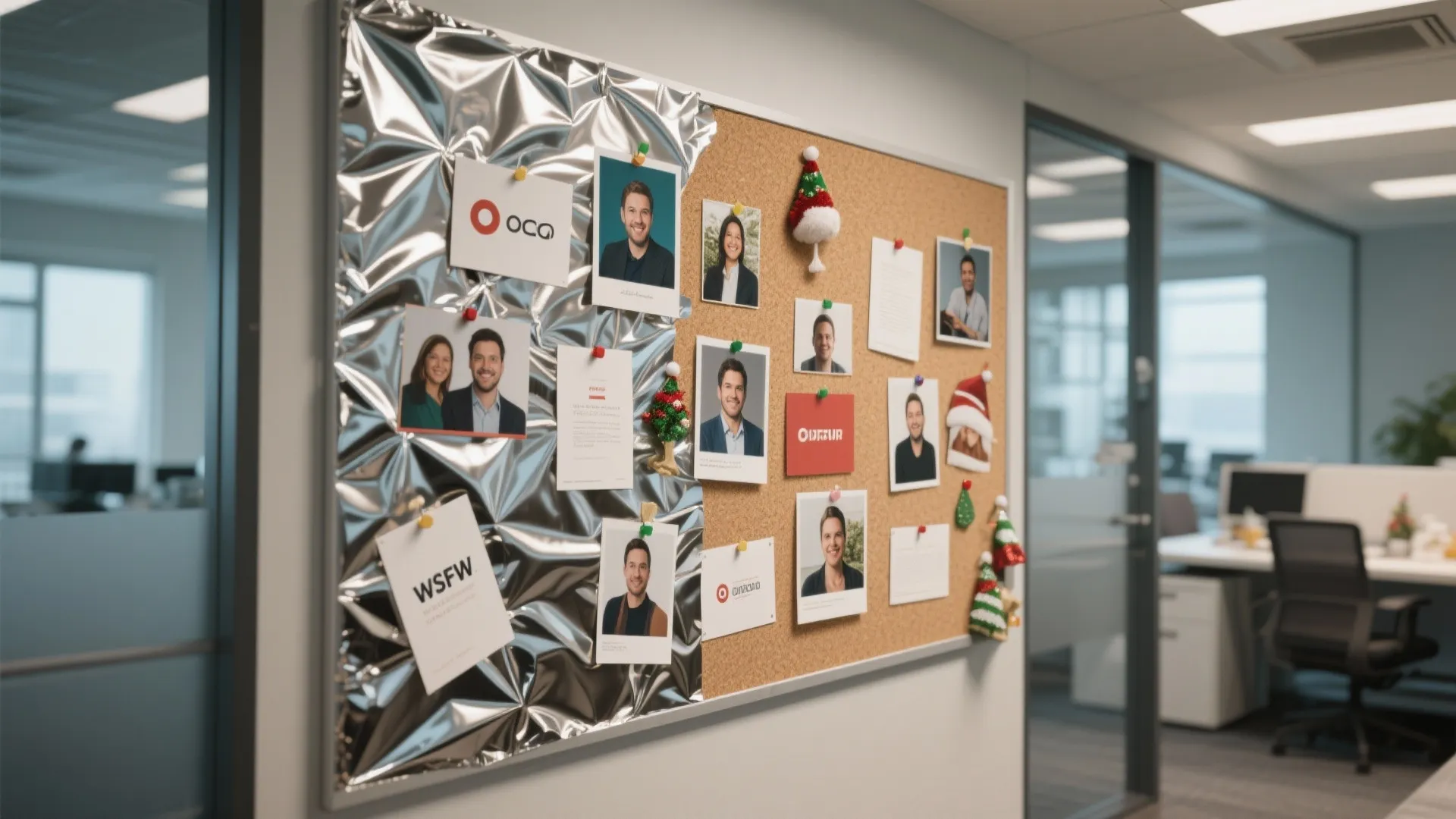 Office wall board with photos notes and small christmas decorations in a modern workplace setting