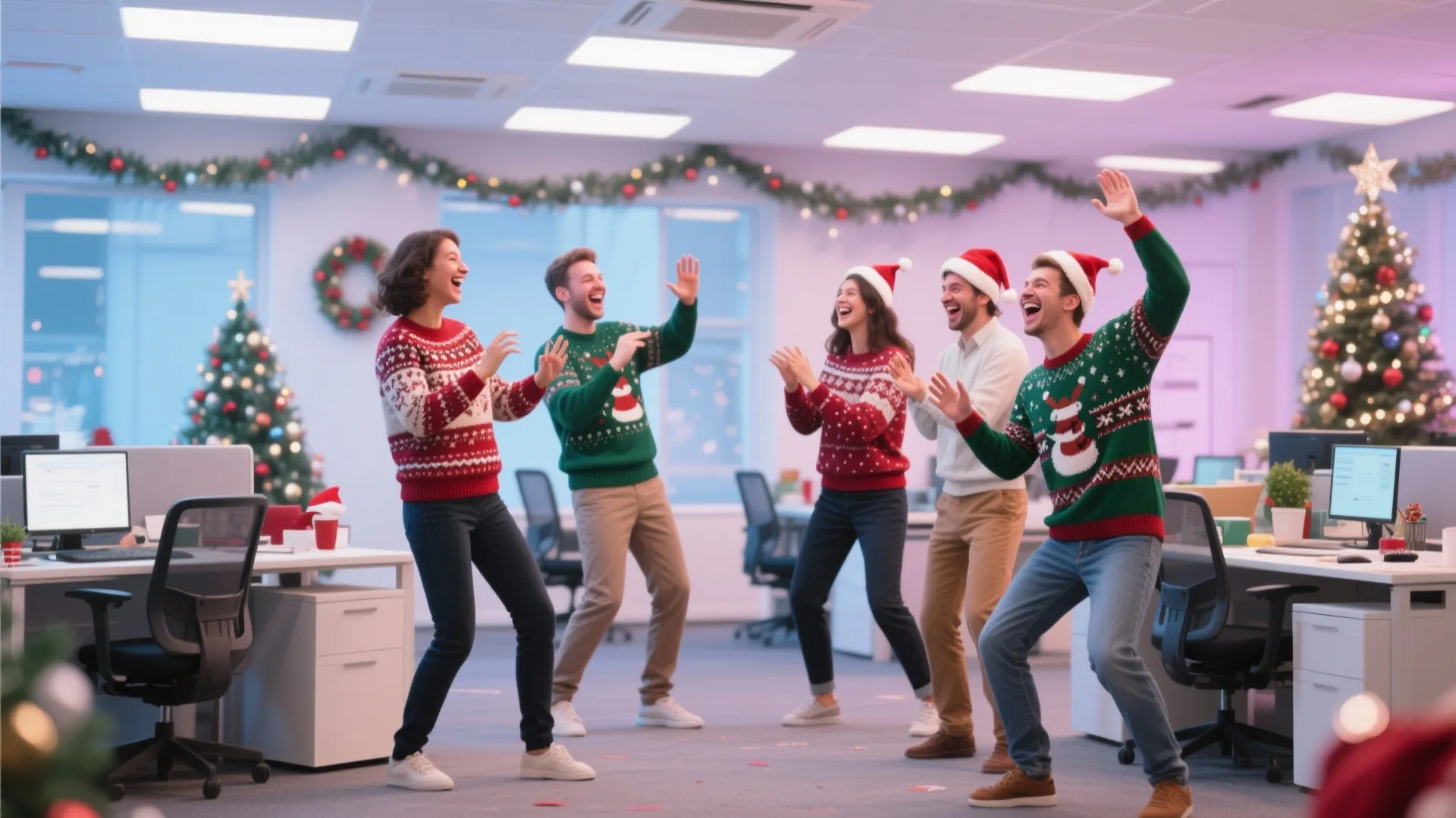 People wearing christmas sweaters and hats playing festive games in a decorated office with lights