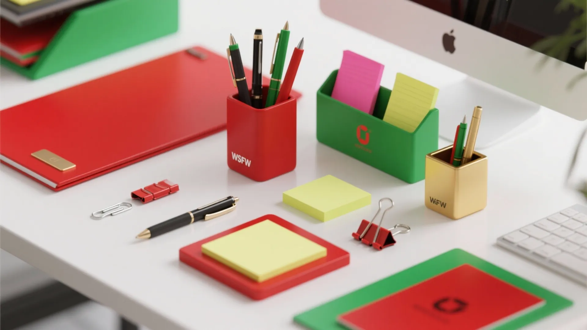 Desk with red and green office supplies including pens sticky notes paper clips and computer monitor
