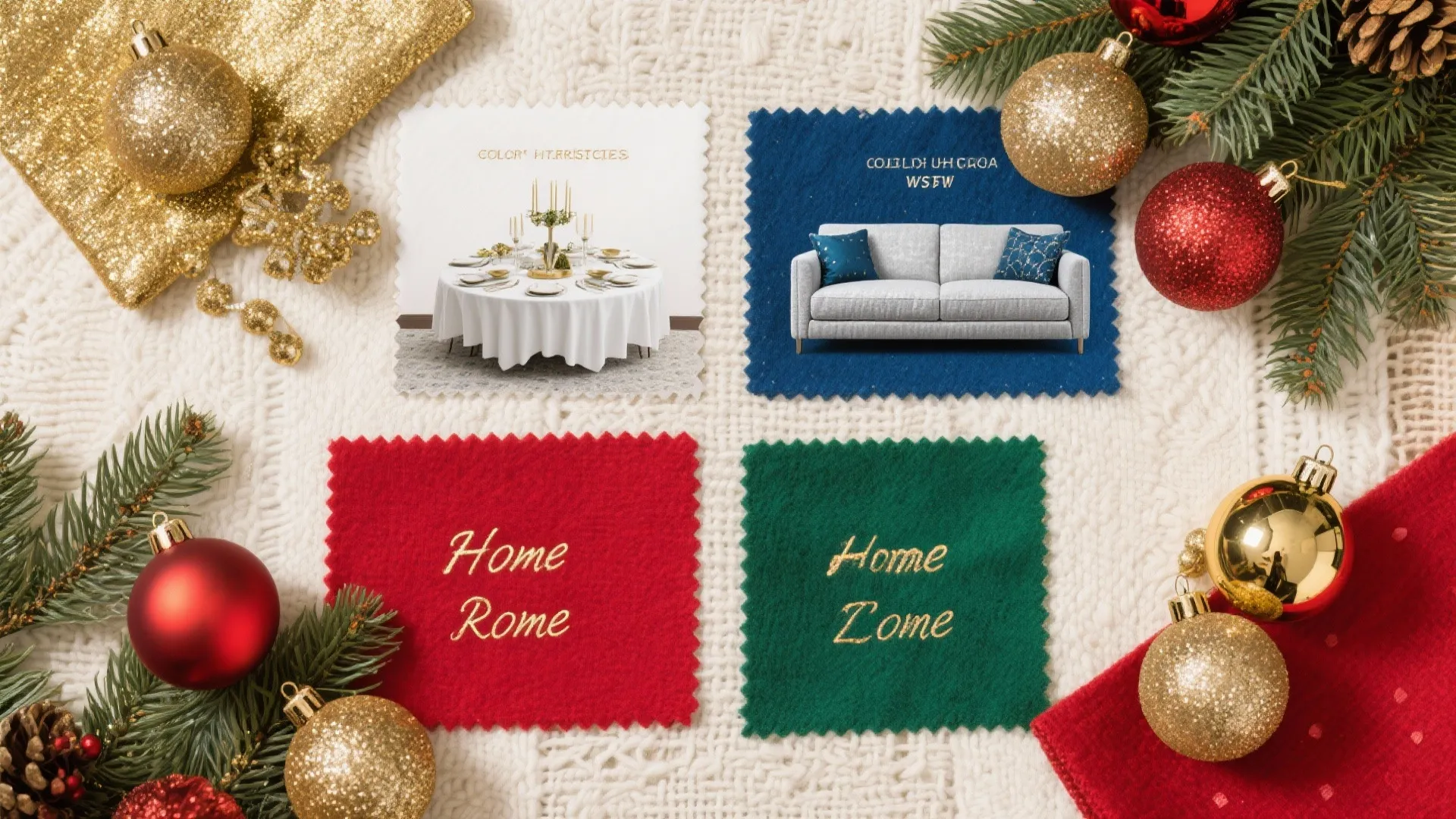 Flatlay of color palettes with festive ornaments for home zones