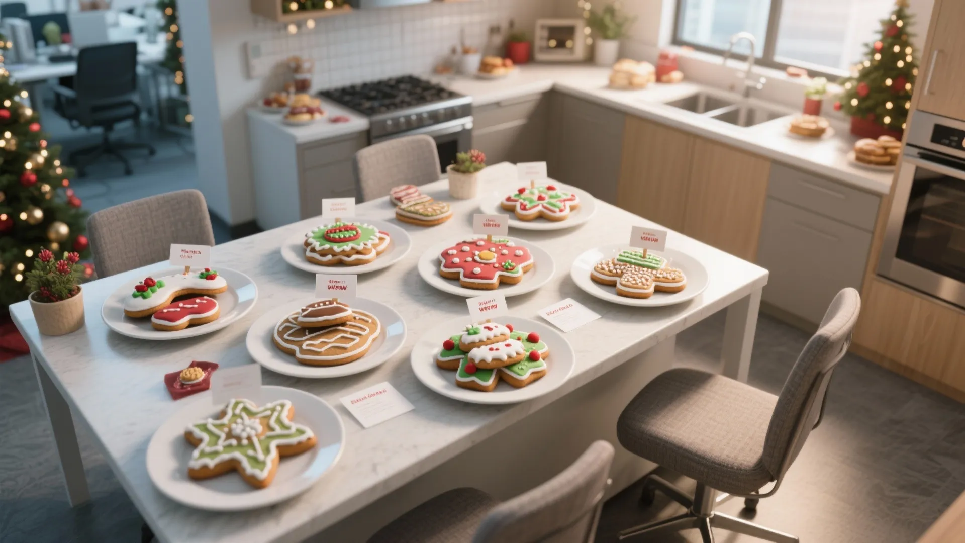 Assorted holiday cookies on plates placed on a white table in a modern kitchen setting