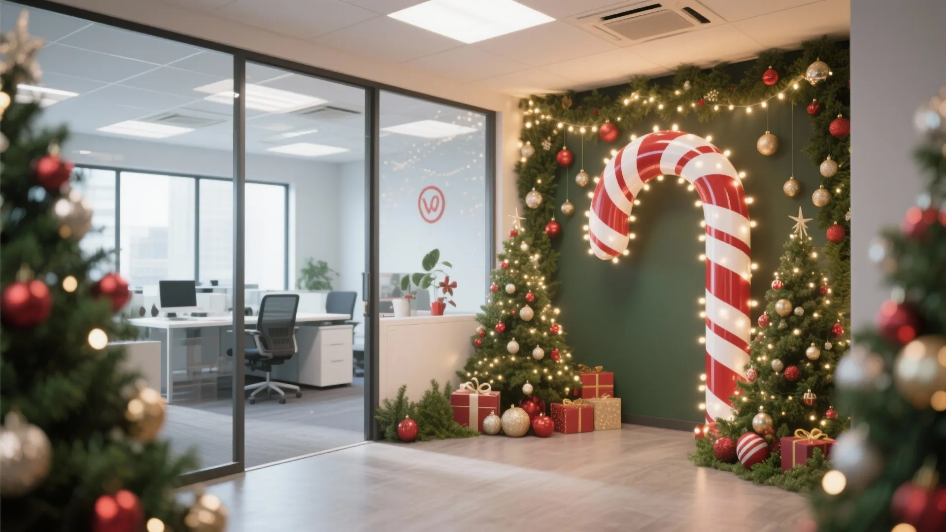 Festive office corner with oversized candy cane arch and fairy lights