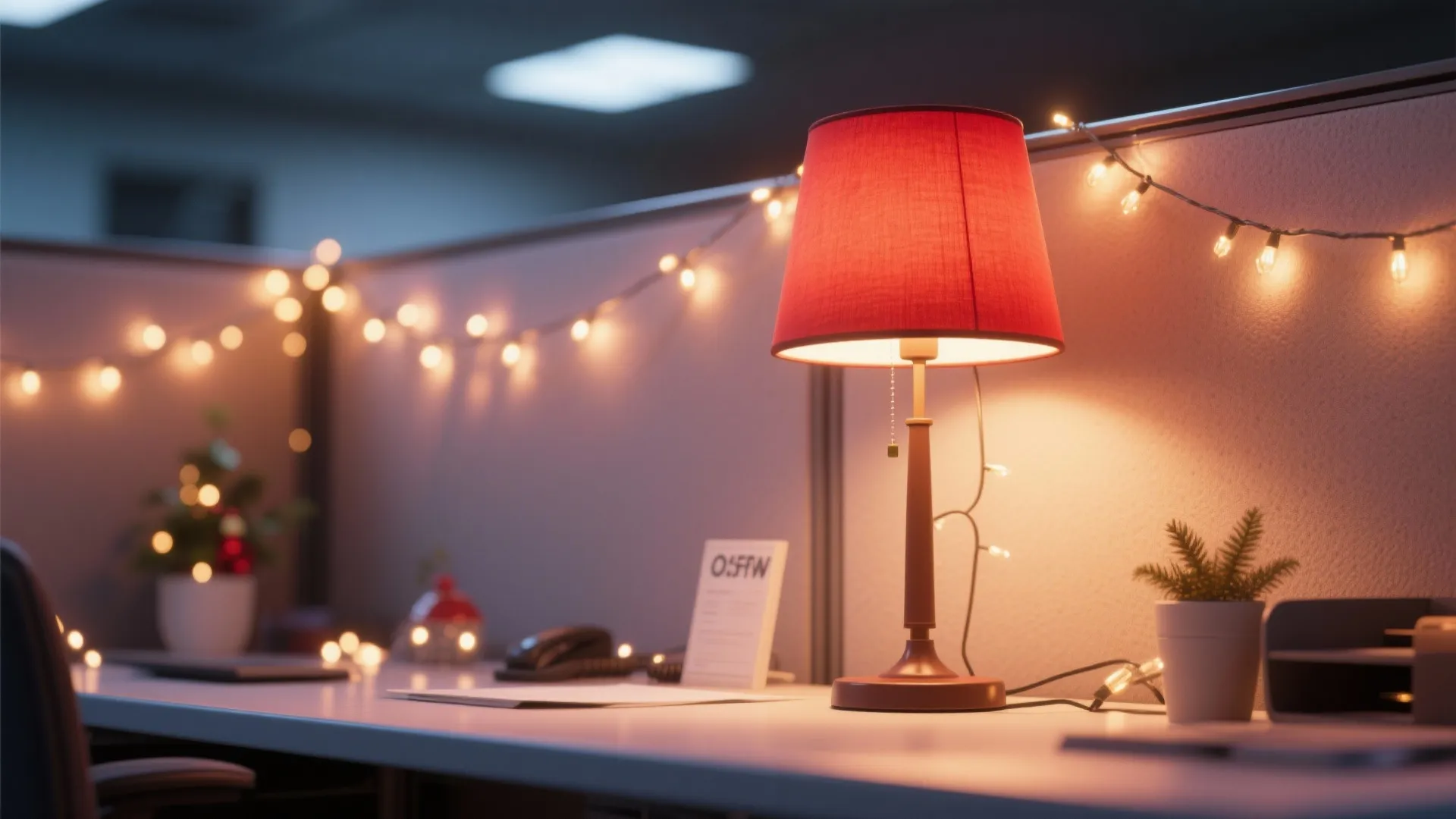 Work desk decorated for Christmas with a red table lamp and warm white string lights