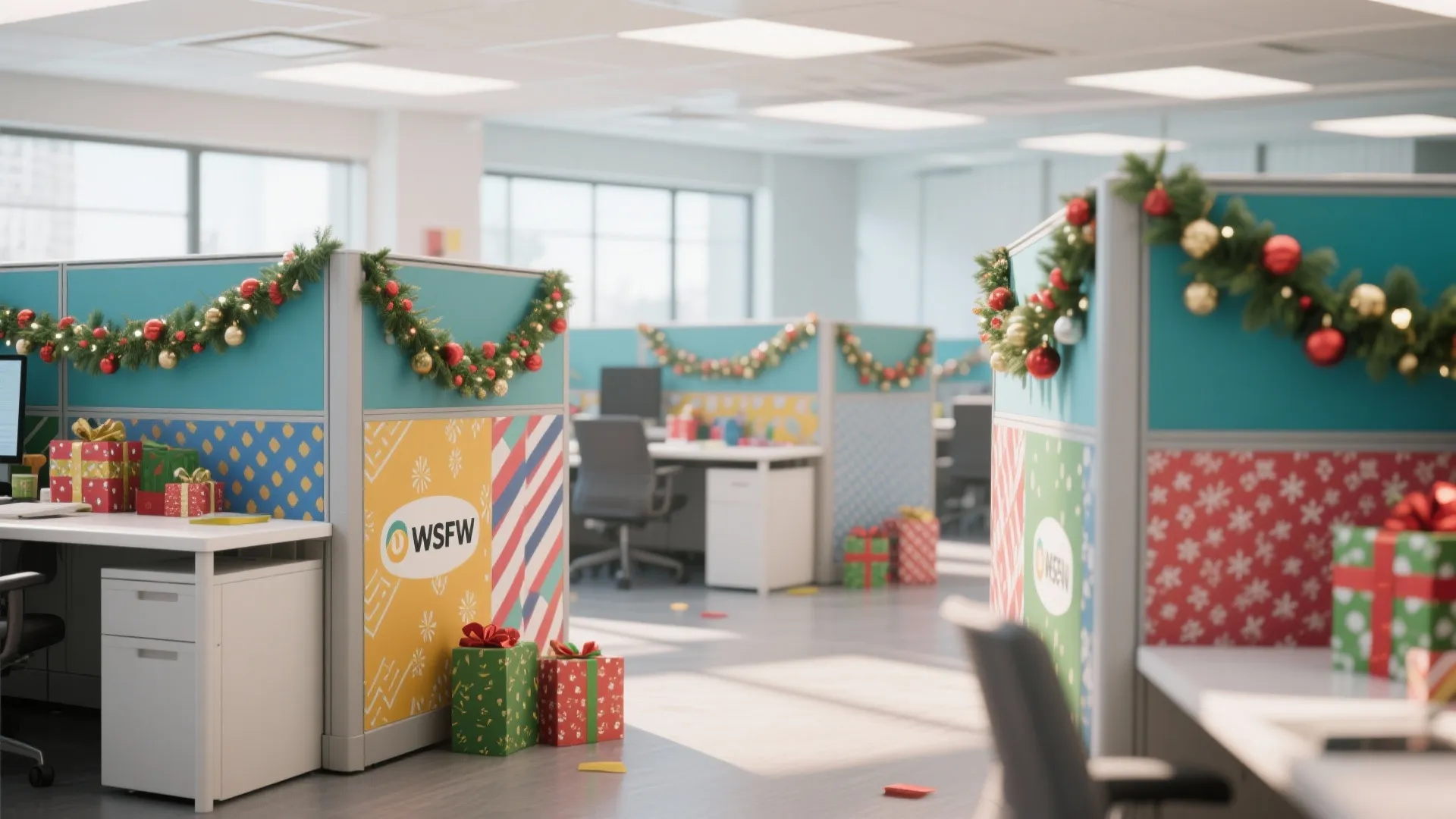 Office cubicles decorated with green garlands and red gift boxes for the festive Christmas holiday