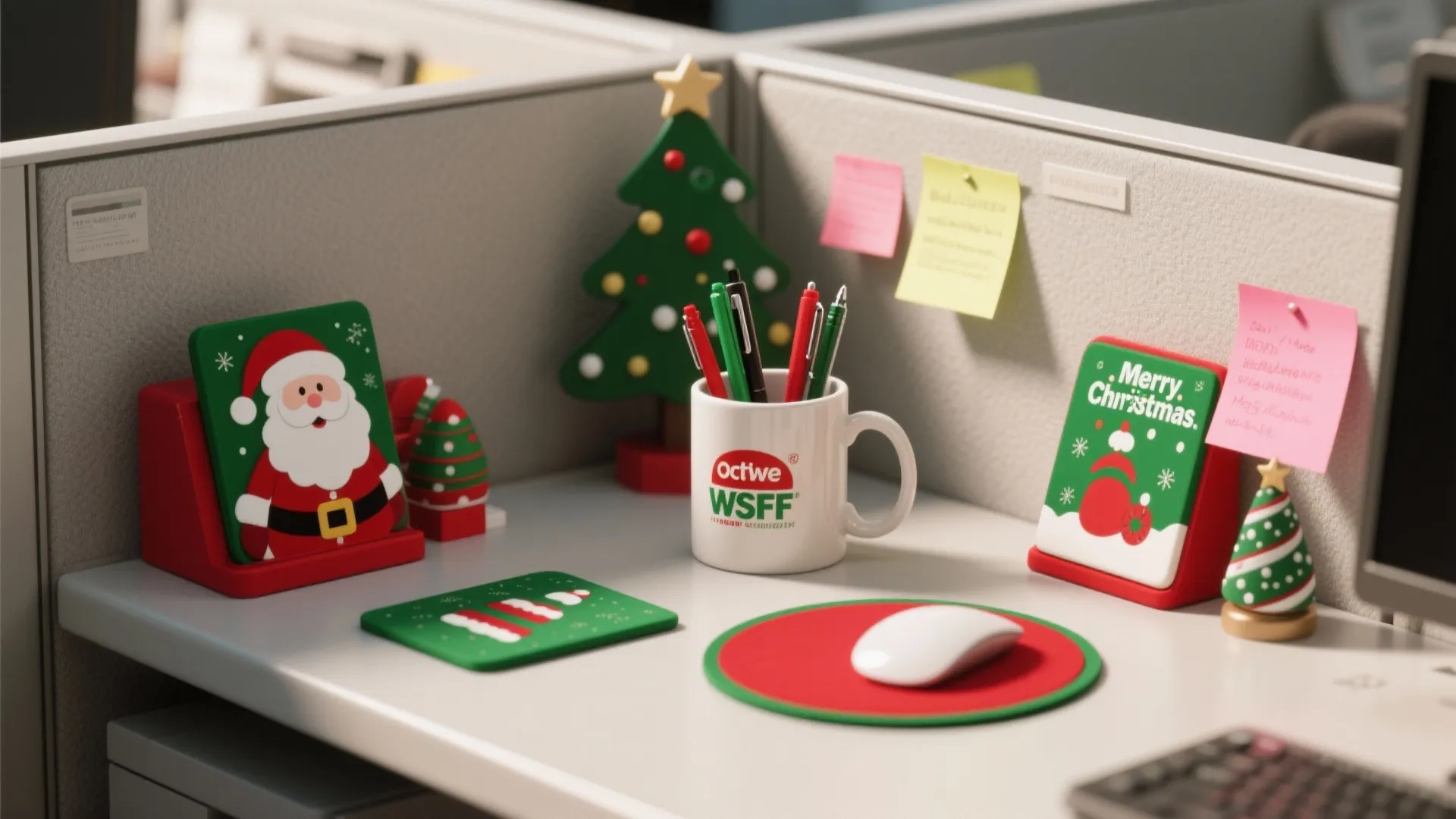 Office desk with Christmas decorations featuring Santa Claus cards green small tree and red mouse pad