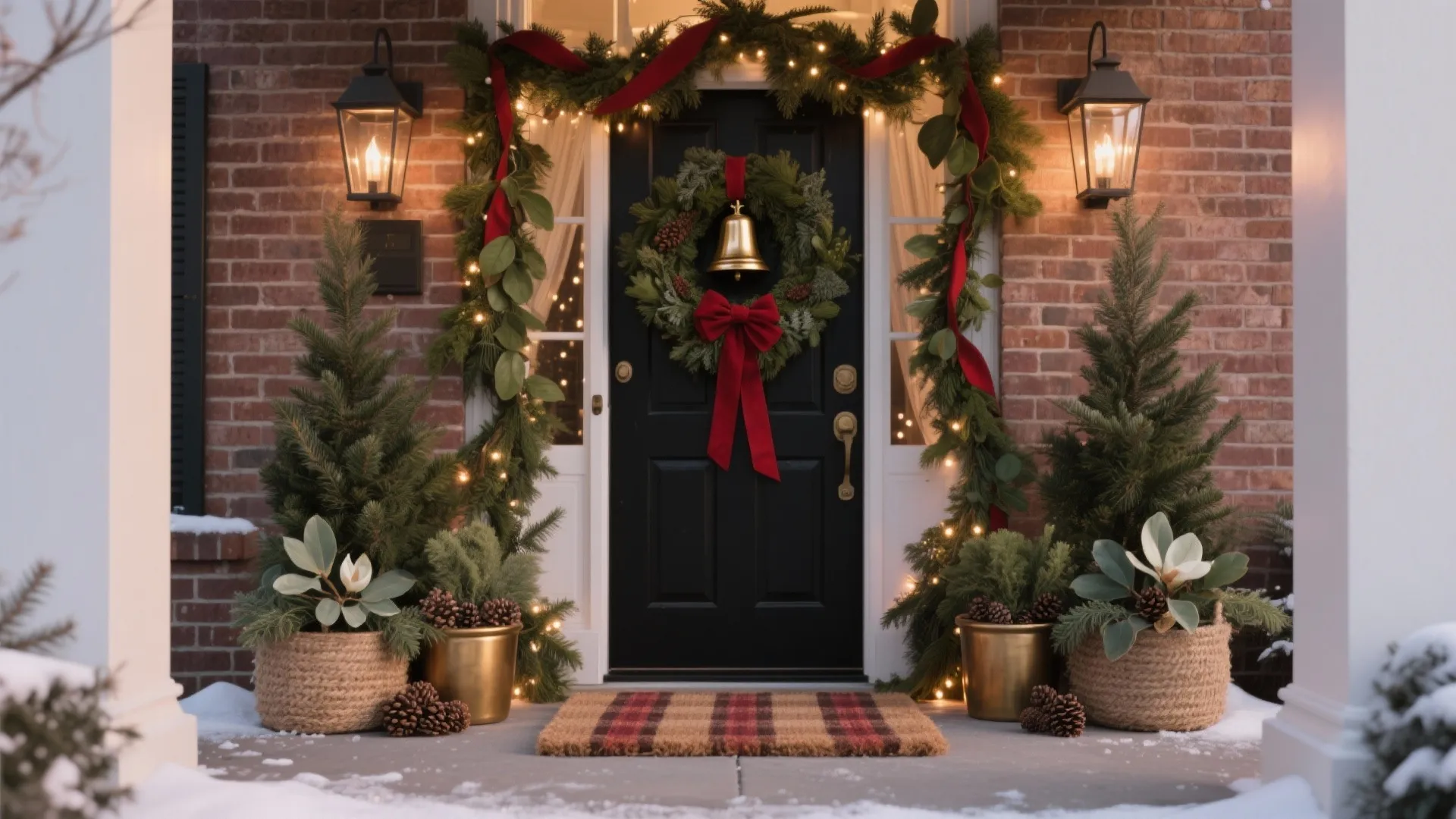 Holiday front porch with black door, green wreath, red bow, garland, lights, and small trees