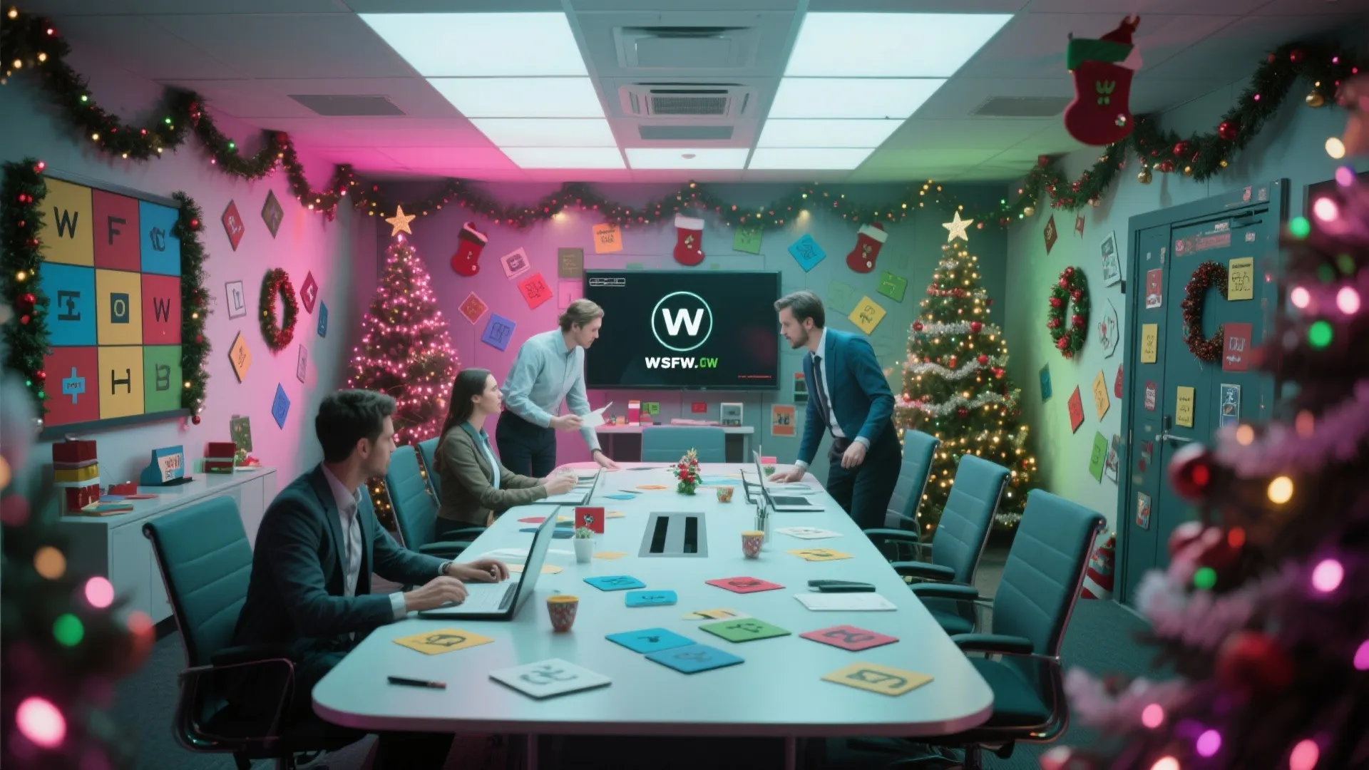 Office meeting room decorated for Christmas with colorful lights trees and workers at a table