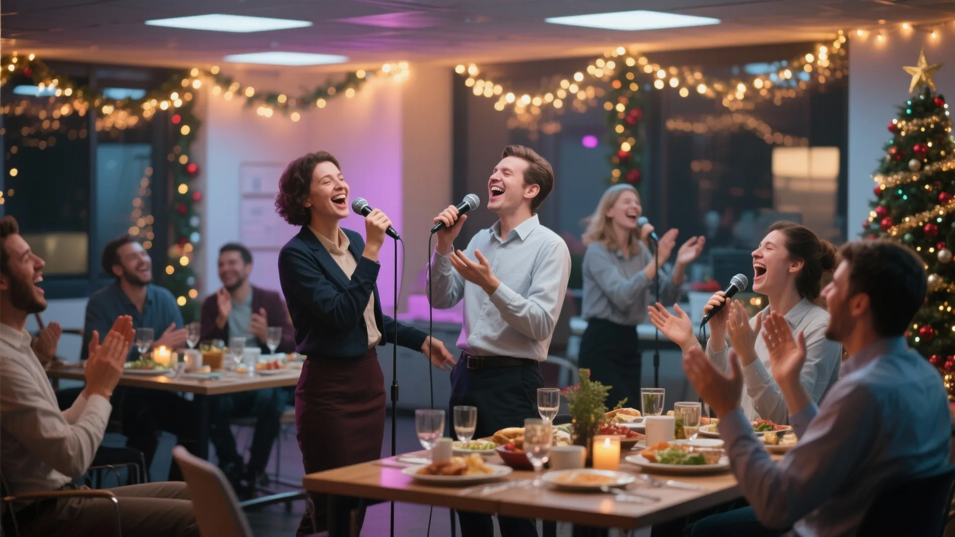 Office colleagues singing karaoke together during a Christmas party with festive decorations and food tables