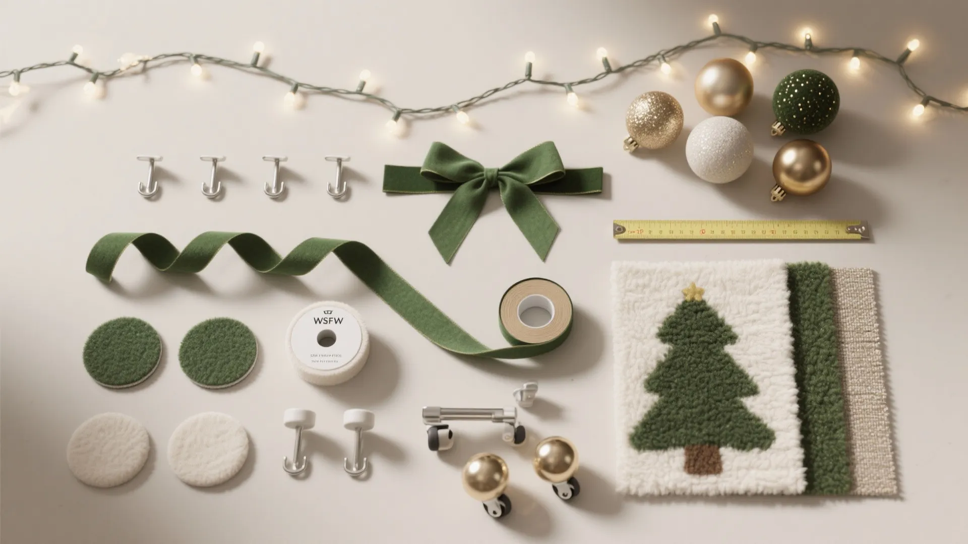 Christmas decoration tools with green ribbon, gold balls, string lights, measuring tape, and wall hooks